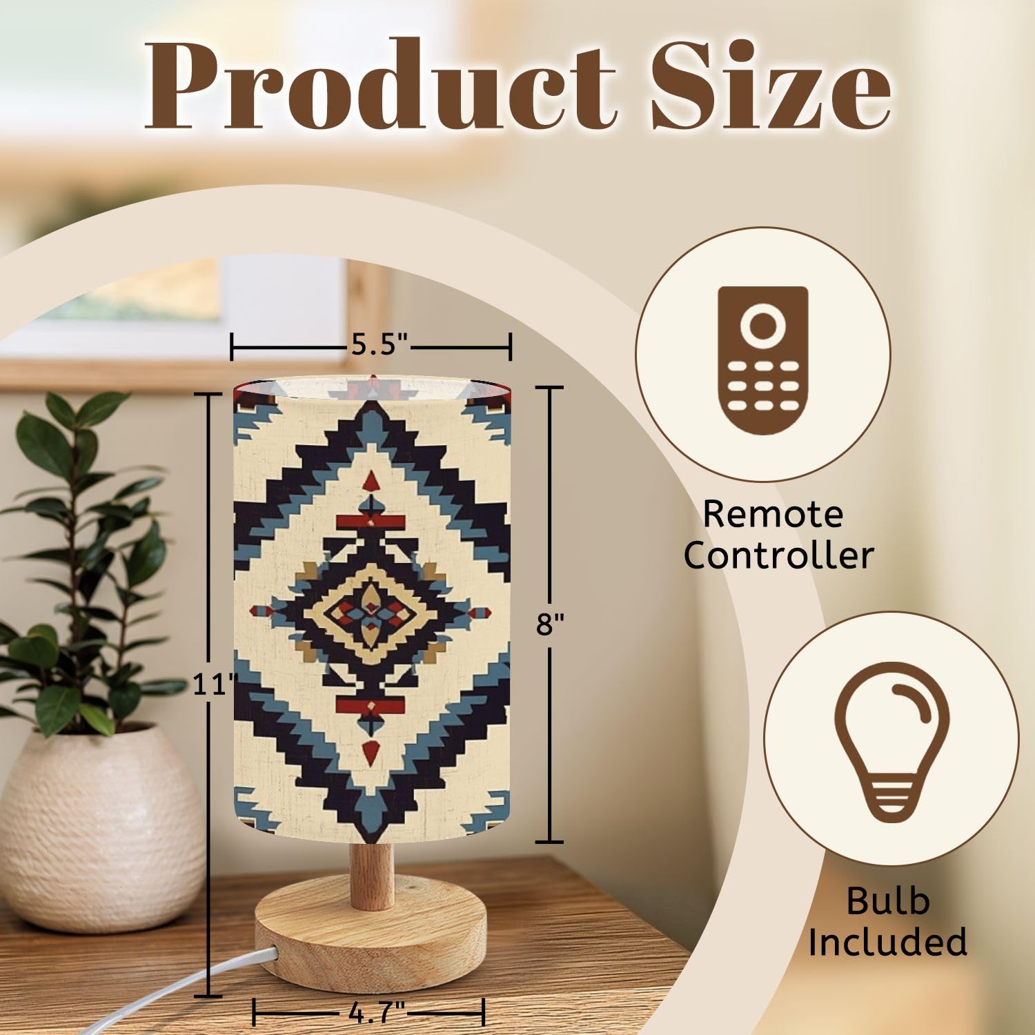 Bvcahsaw Bedside Table Lamp Seamless Navajo Aztec Mexican Native Tribal Fabric Pattern Geomatics Dimmable Desk Lamp With Flaxen Fabric Shade Wood Base Nightstand Lamp Small Lamp For Bedroom Living Room Home
