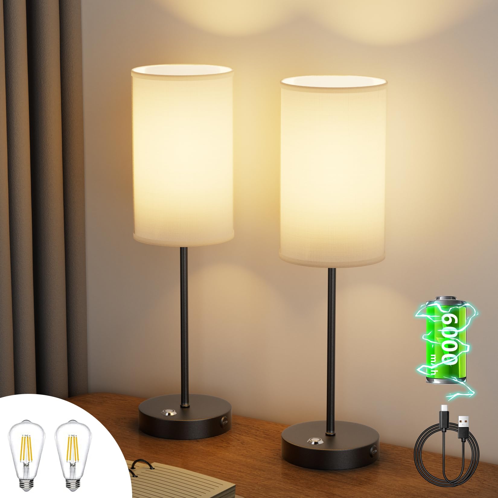 Lundwa 2-Pack Cordless Led Table Lamps 6000Mah Rechargeable Lamp Battery Operated Table Lamp Portable Desk Lamp With Fabric Shade, Stepless Dimming Bedside Night Lamp For Bedroom, Office, Restaurant (Black)