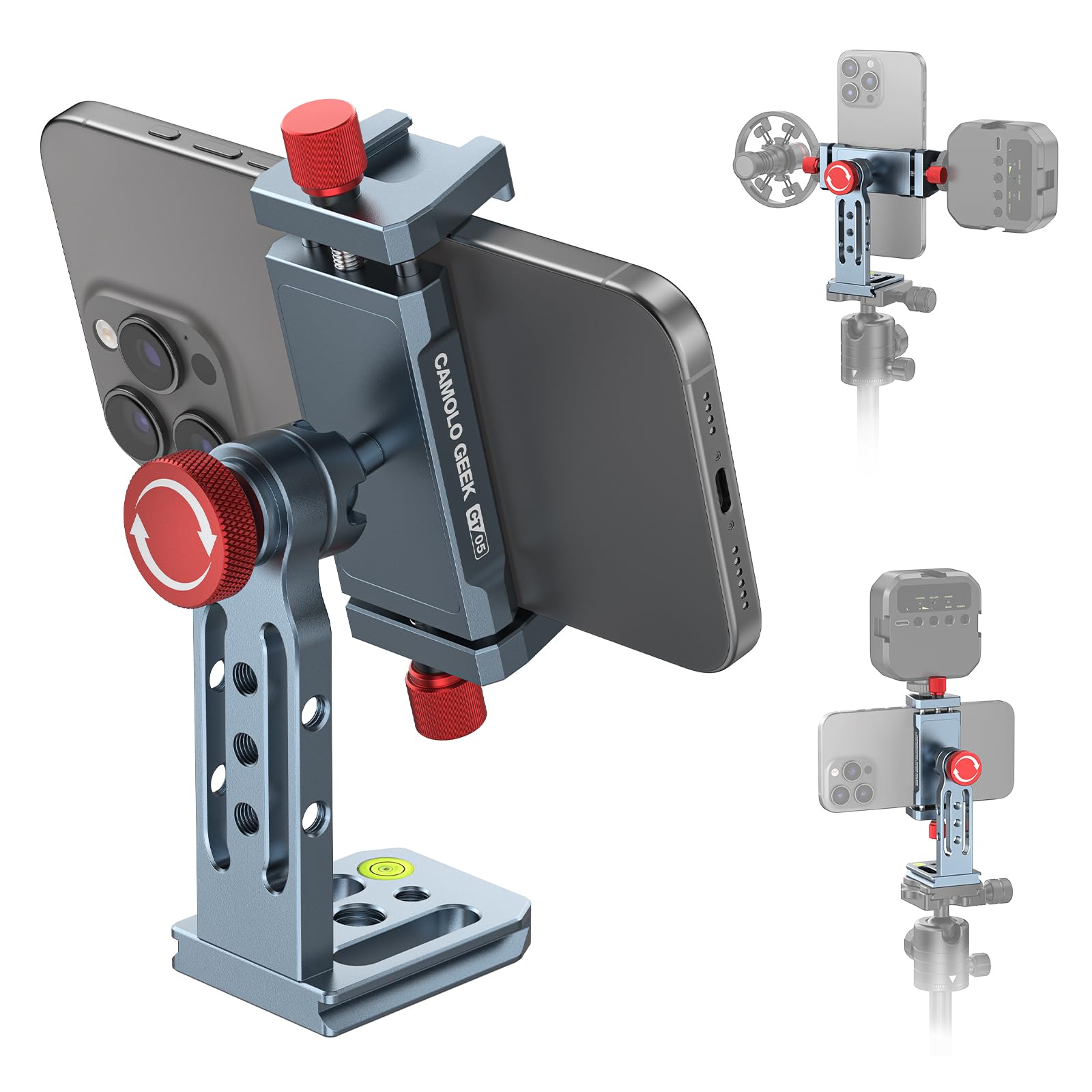 Camolo Geek Phone Tripod Mount Aluminum Alloy, 360° Rotatable Phone Stand Holder Clamp With Cold Shoe And Arca Base Compatible With Iphone 15 Pro Max Galaxy S24 Ultra Pixel & 2.5"-4" Wide Smartphones
