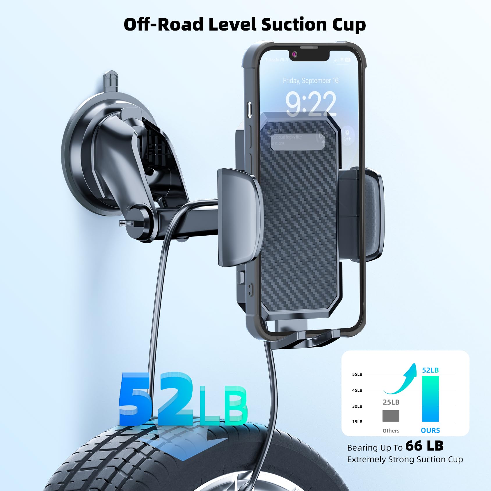 Fbb Phone Mount For Car, [ Off-Road Level Suction Cup Protection ] 3In1 Long Arm Suction Cup Holder Universal Cell Phone Holder Mount Dashboard Windshield Vent Compatible With All Smartphones