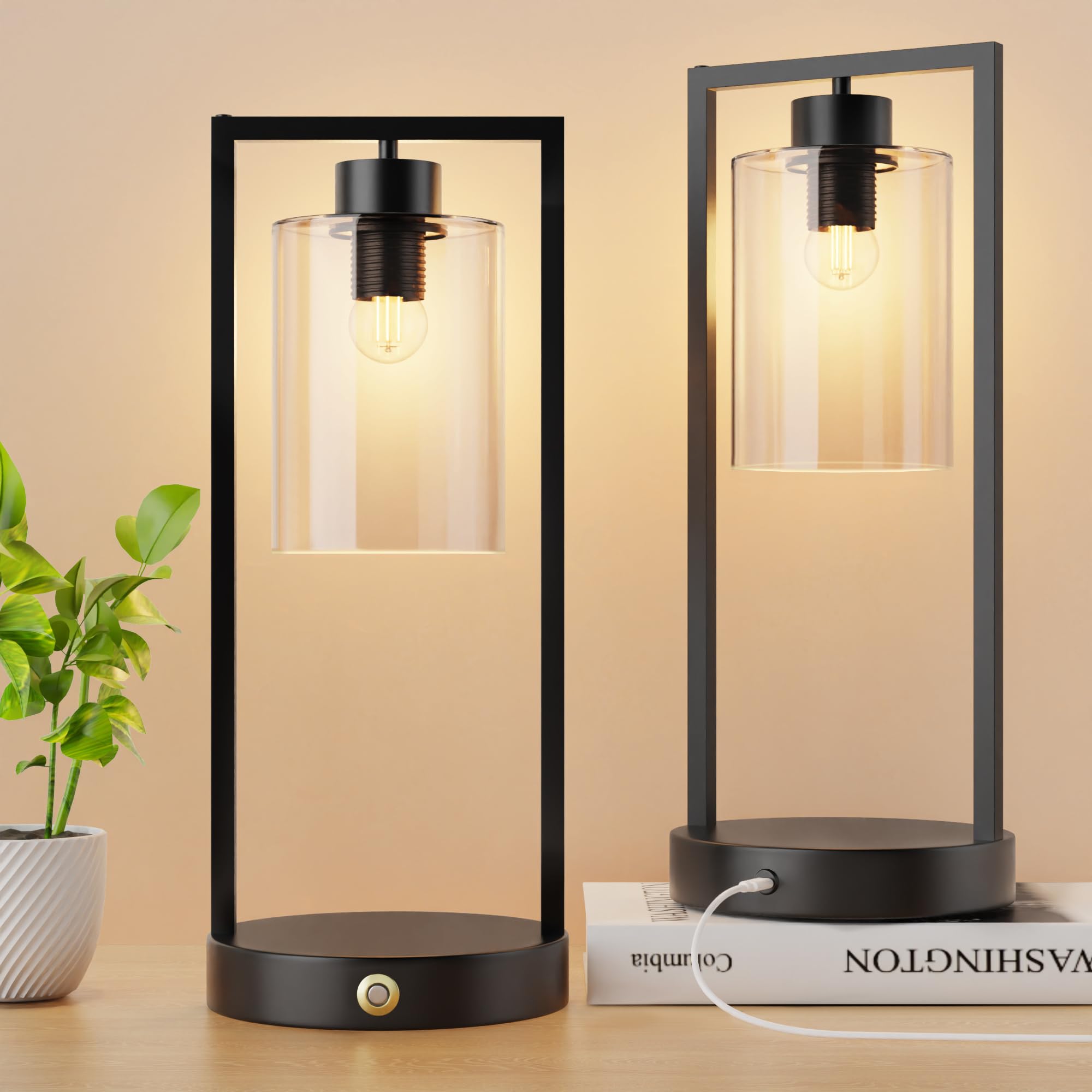 Lgmcf Set Of 2 Industrial Table Lamps With Led Bulbs – Rechargeable Touch Control Bedside Lamps, Fully Stepless Dimmable Nightstand Lamps, Battery-Powered Desk Lamps For Bedroom & Living Room