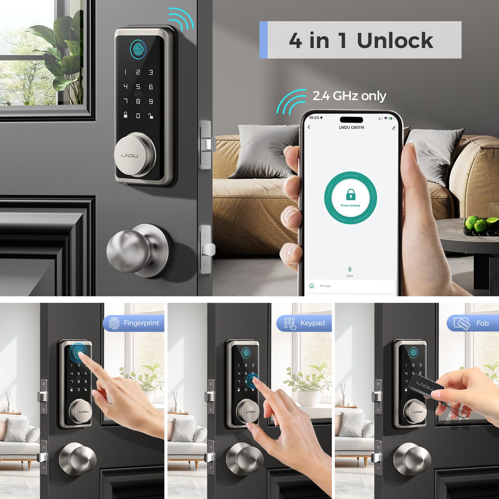 Lndu Wifi Keyless Entry Door Lock Deadbolt With Handle Set: App Remote Control Fingerprint Front Door Lock Set, Smart Deadbolt Locks For Front Door With Gateway Bridge, Fob Unlock, Auto Lock