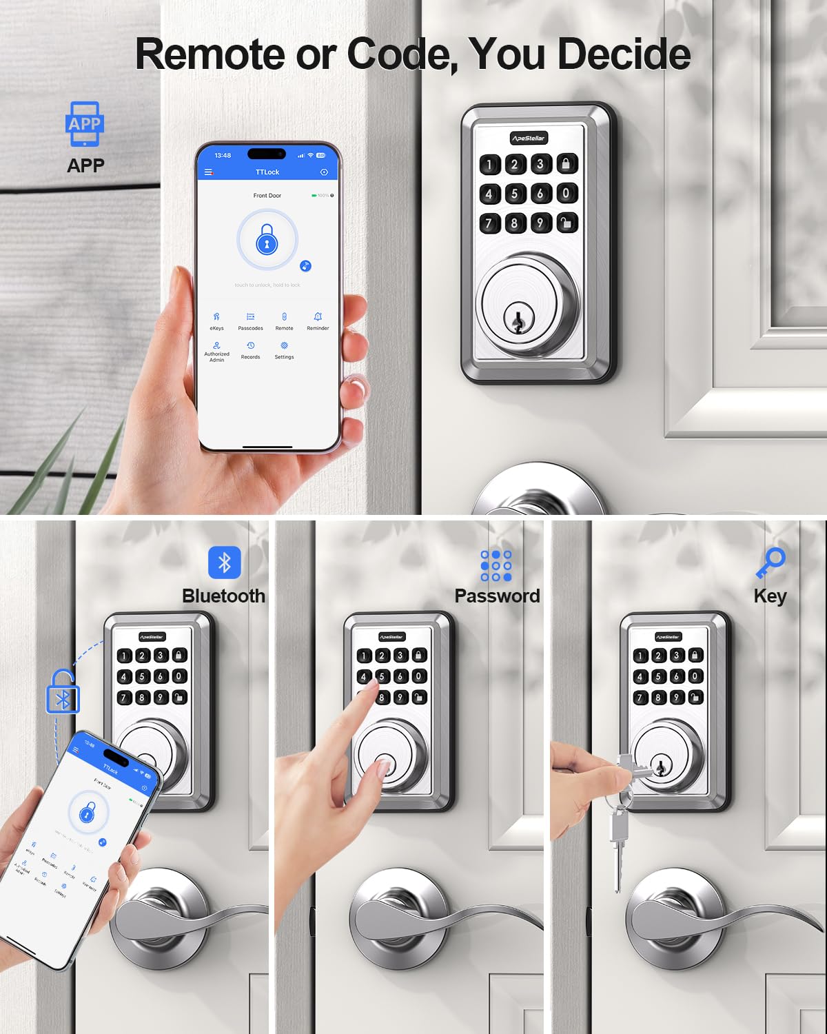 Apestellar Smart Door Lock, Built-In Wifi Keyless Entry Door Lock Deadbolt With App Remote Control, No Hub Required Deadbolt Lock, Easy Installation For Front Door-Satin Nickel
