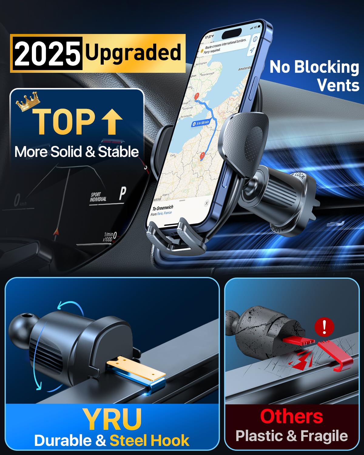 Yru [ ] Universal Car Phone Holder Mount【 360°Rotatable & Strong Suction】 Cell Phoneholder Car Dashboard Windshield Phone Holder Dash Stand For Iphone 16 15 14 13 12 Samsung Truck, Black