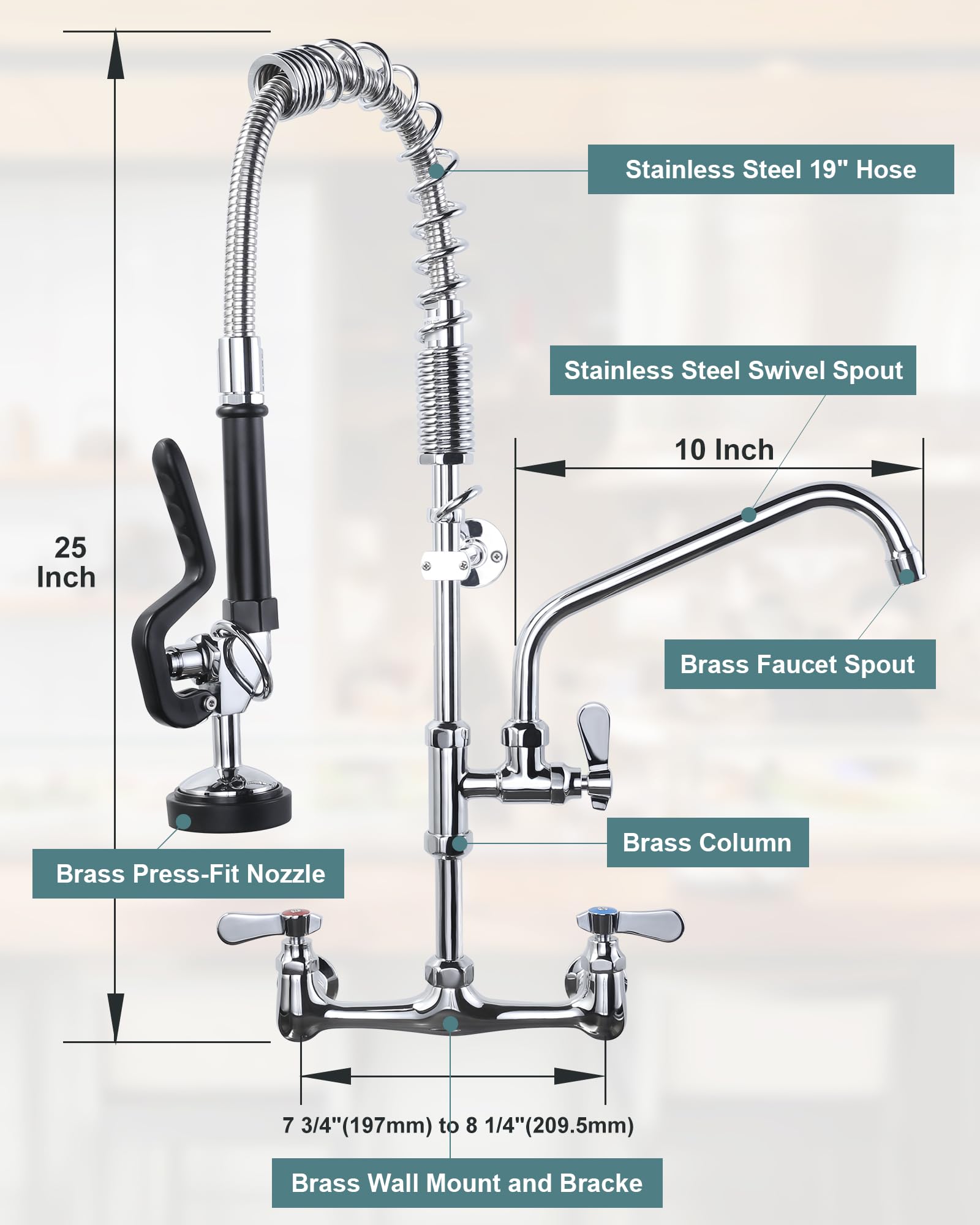 Aleasha 25" Height Commercial Faucet Wall Mount With Sprayer 8" Adjustable Center 9.6" Swing Spout, Kitchen Sink Faucet With Pull Down Pre-Rinse Sprayer For Restaurant Industrial Kitchen, Chrome