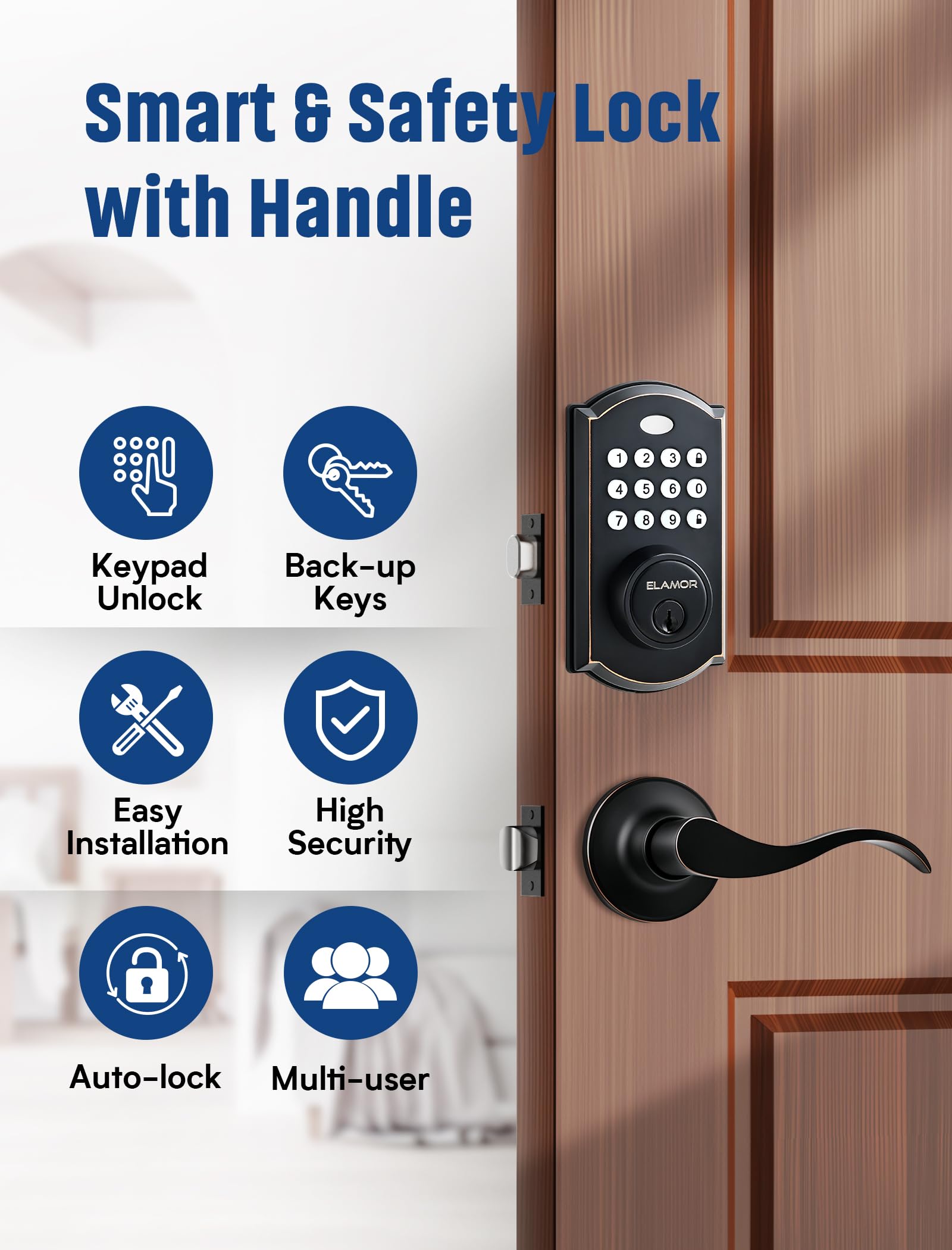 Elamor M19 Keyless Entry Door Lock With 2 Lever Handles, Auto Lock, 50 User Codes, Easy-To-Install Smart Door Lock For Front Door, Waterproof Security Handle Set, Home/Hotel Use, Oil Rubbed Bronze