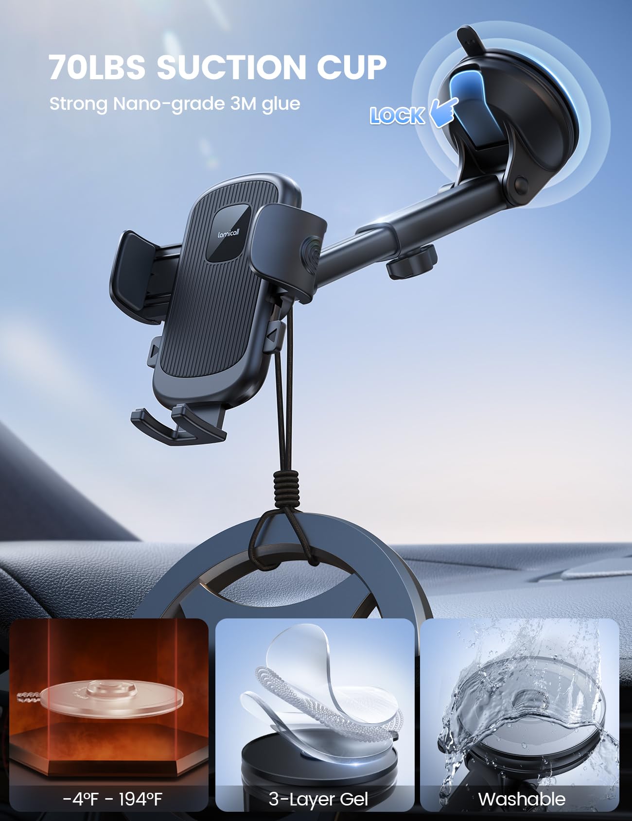 Lamicall Car Phone Holder Mount [3-In-1 Military-Grade Suction Cup] 360° Rotation Phone Holders For Your Car [Metal Hook] Cell Phone Car Mount Dashboard Vent Windshield For Iphone 16 All Smartphone