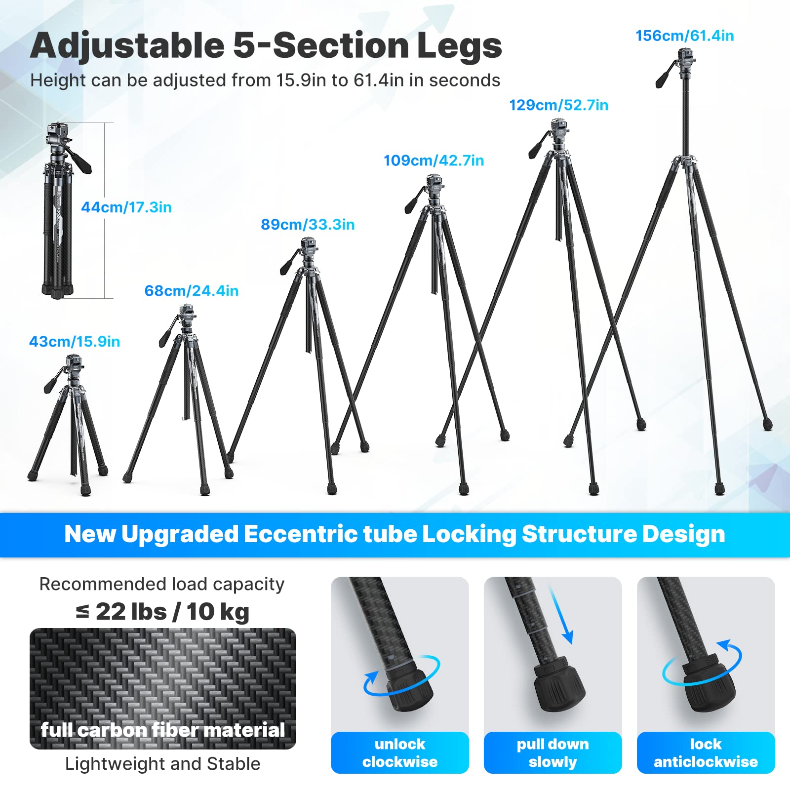 Jusmo Ulanzi F38 Video Travel Tripod, 61.4" Carbon Fiber Tripod W Quick Release Fluid Head, 2.38Lbs Ultra Lightweight Portable Stable Professional Camera Photo Video Tripod, Load Up To 22Lbs, With Bag