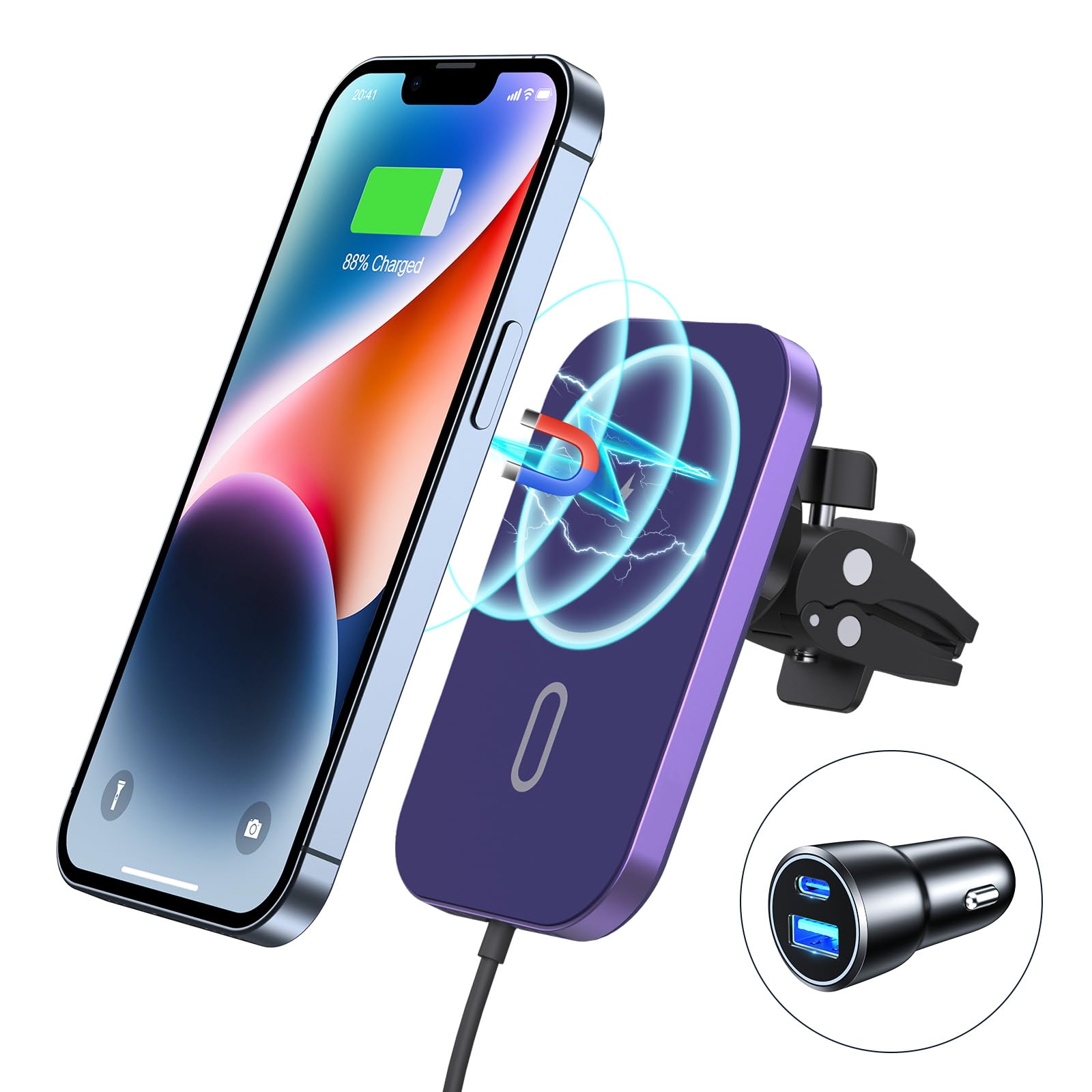 Mukiya Magnetic Wireless Car Charger, 360°Adjustable Magnetic Air Vent Mount Compatible With Magsafe Car Charger, Compatible With Iphone 15/14/13/12 Pro Max Plus Mini(Caseless), Mag Safe Case(Dark Purple)