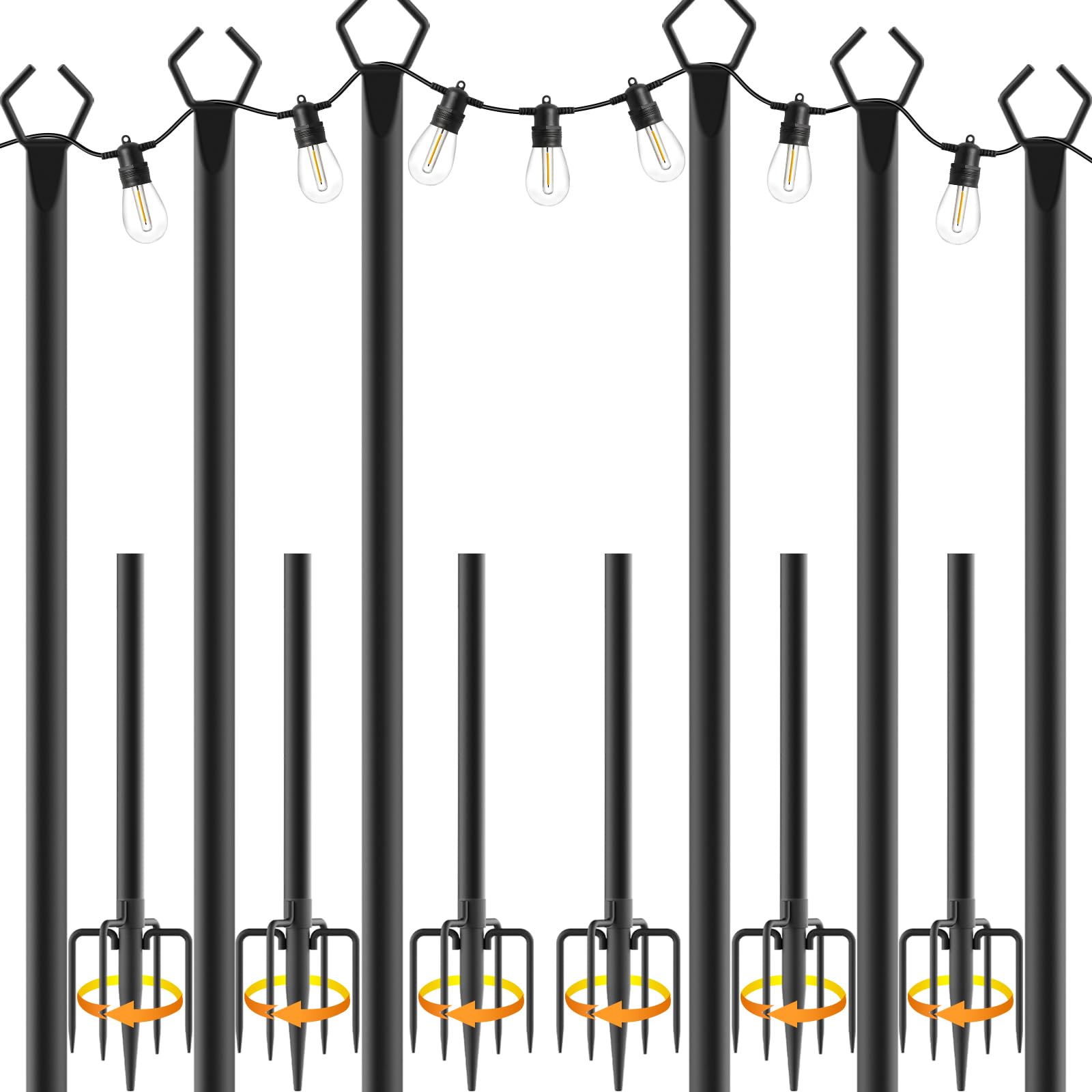 Talkhigh 6 Pack 10 Ft Heavy Duty Metal String Light Poles Adjustable Outdoor Lighting Stand For Patio,Backyard,Garden,Party & Wedding Rustproof & Sturdy With Hooks
