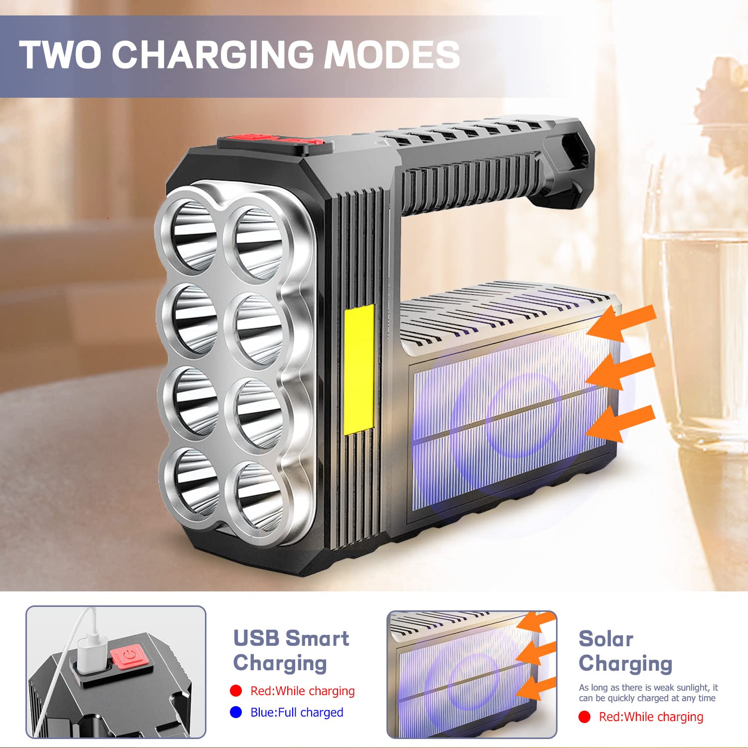 Sjpro 8 Led Solar Flashlight With Cob Sidelight, 1000 Lumens Solar Powered Flashlights, Solar Or Usb Charging Waterproof Handheld Flashlights With 3 Modes For Fishing Outdoor Camping Emergencies