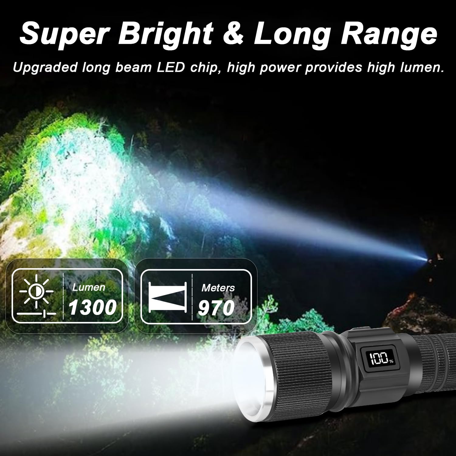 Annteneo Rechargeable Flashlight With Lcd Display, 1300Lumen Super Bright Small Pocket Flashlight, 3 Modes Led Utility Flash Light, Zoomable Waterproof For Camping And Home(1Pack, Black Cw)