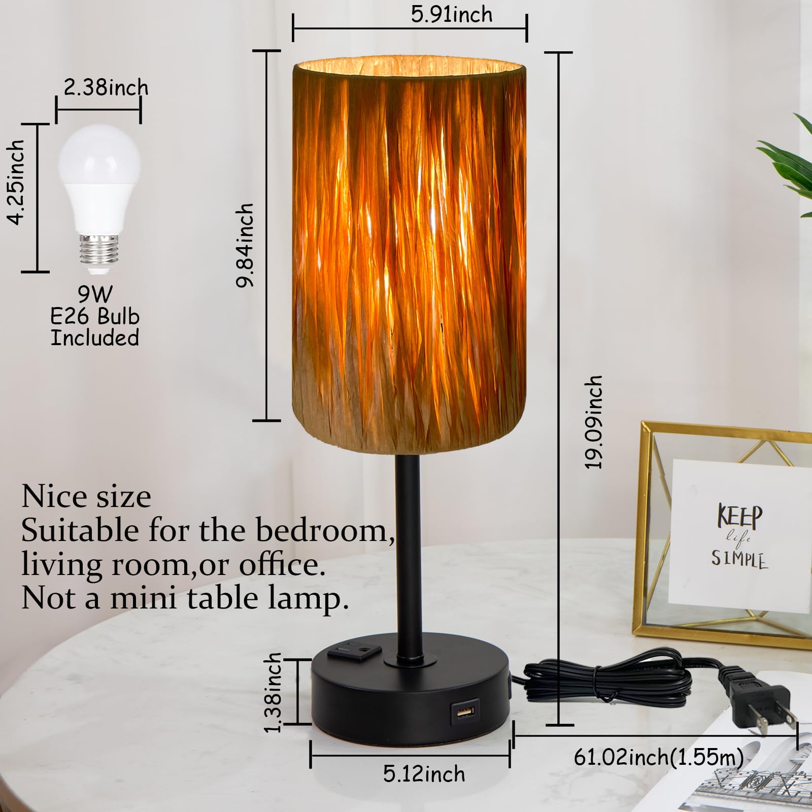 Yovomee Handwoven Round Raffia Shade Ambient Table Lamp,Bedside Table Lamp,Touch Lamps For Night Table, Usb Ports And Outlets,3-Color And Stepless Dimming For Bedrooms,Living Room (Led Bulb Included)
