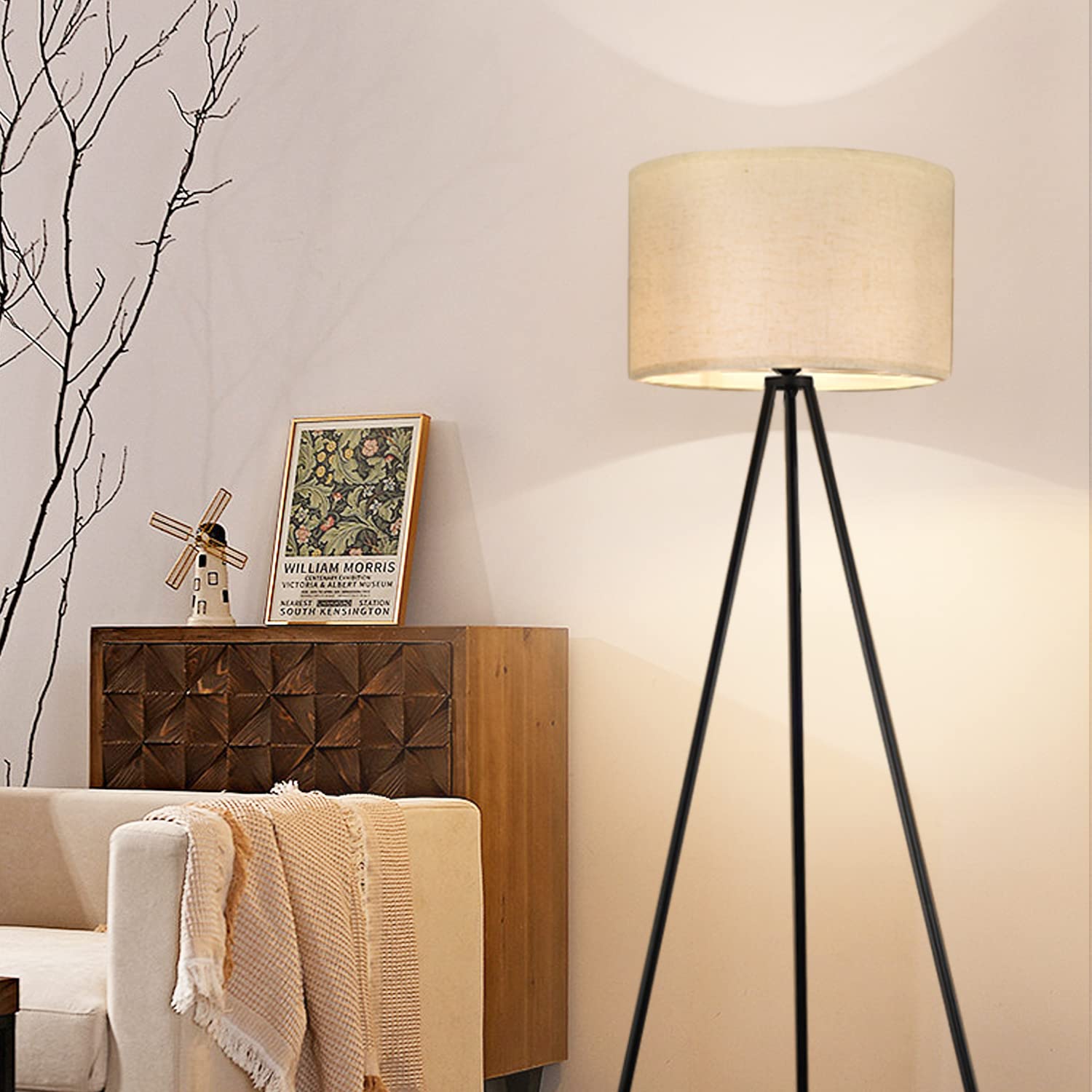 Yorkcare Tripod Floor Lamp, Black Modern Mid Century Standing Lamp Tripod Floor Lamps With Flaxen Drum Shade, Foot Switch For Living Room, Bedroom, Office, Includes E26 Led Bulb