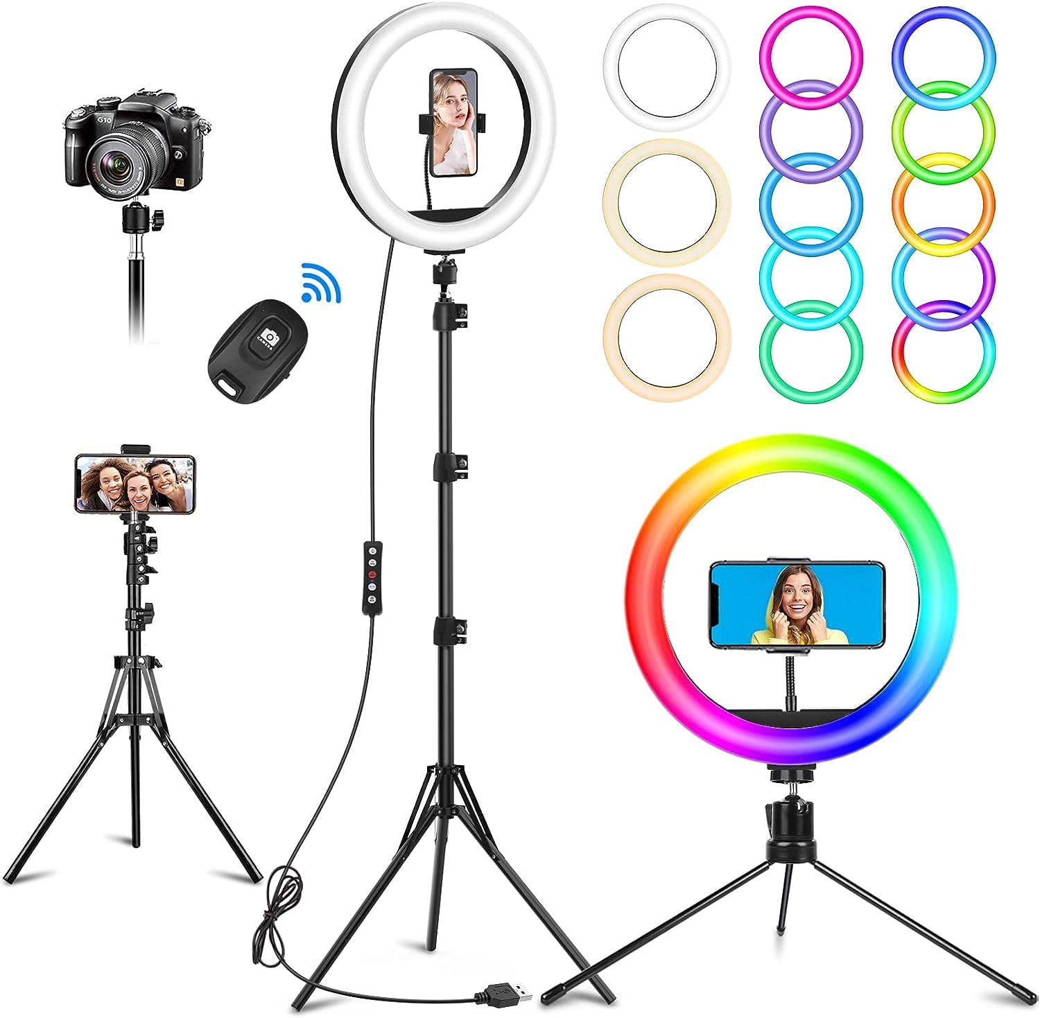 Vlogging 10.3" Selfie Ring Light With Stand And Phone Holder, Desk Tripod, 29 Rgb Lighting Modes, Remote For Iphone &Android Camera. Led Halo Light For Photo, Video Recording, Tiktok. Circle Ringlight Dimmable