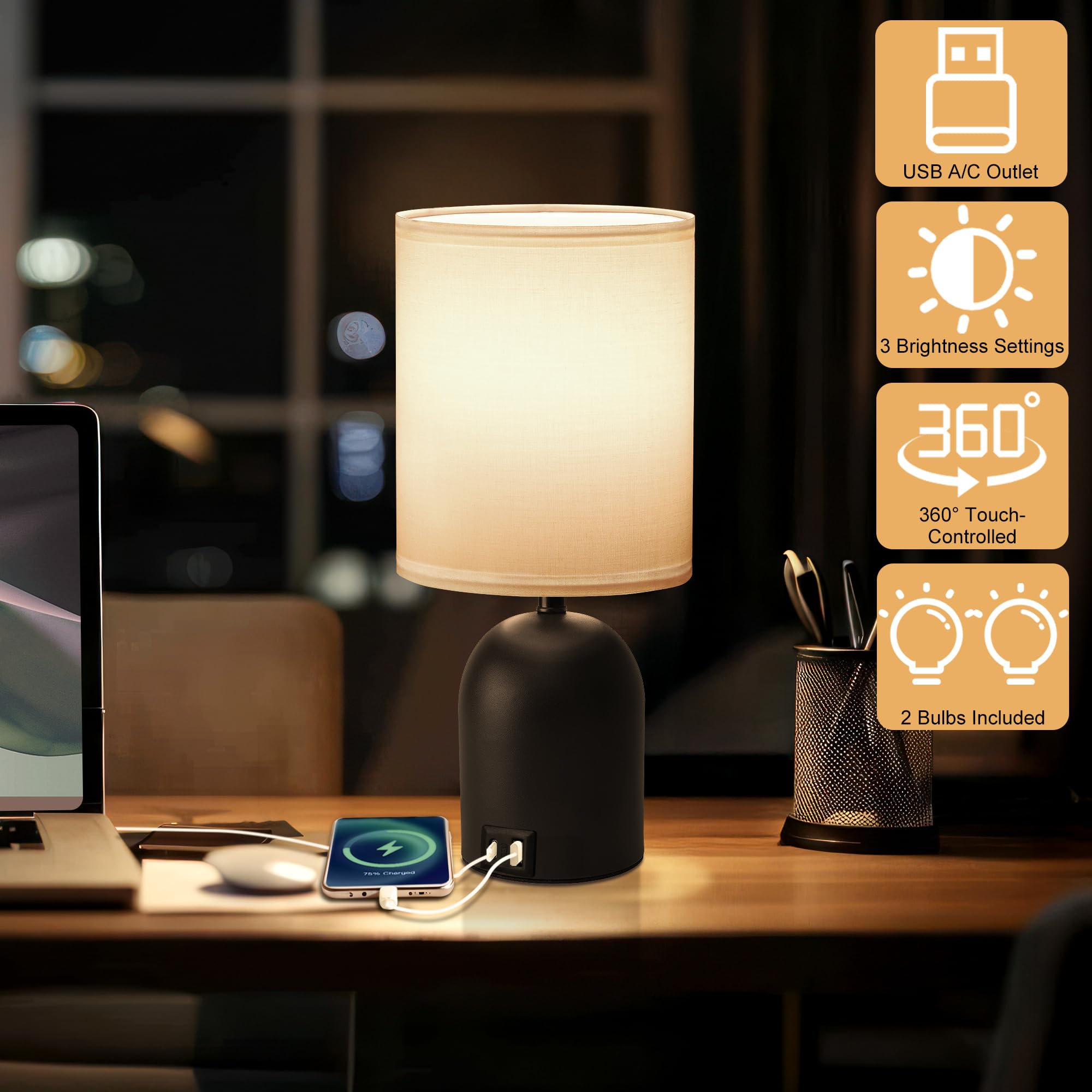 Fttoyoly Bedside Black Table Lamps Set Of 2 For Bedroom, 3 Way Dimmable Touch Nightstand Lamp With Usb C And A Ports Small Table Desk Lamp For Bedroom, Reading Room, Office, Dorm Black/White