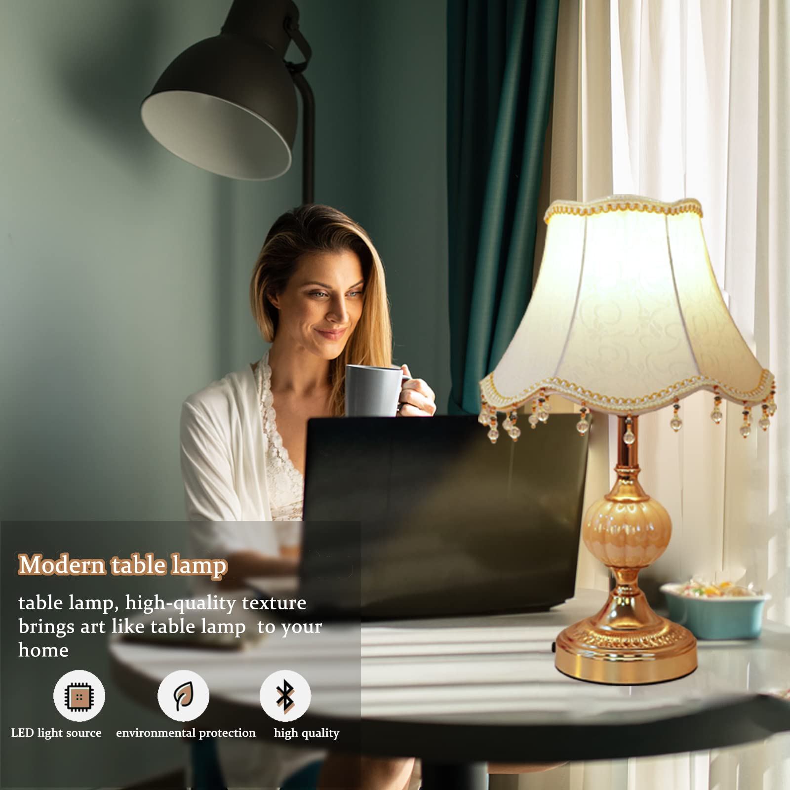 Puresilks Classical Tiffany European Style Table Lamp Fabric Drum Shade And Gold Base American Decor Classic Bedside Desk Nightstand Lamp For Bedroom Living Room