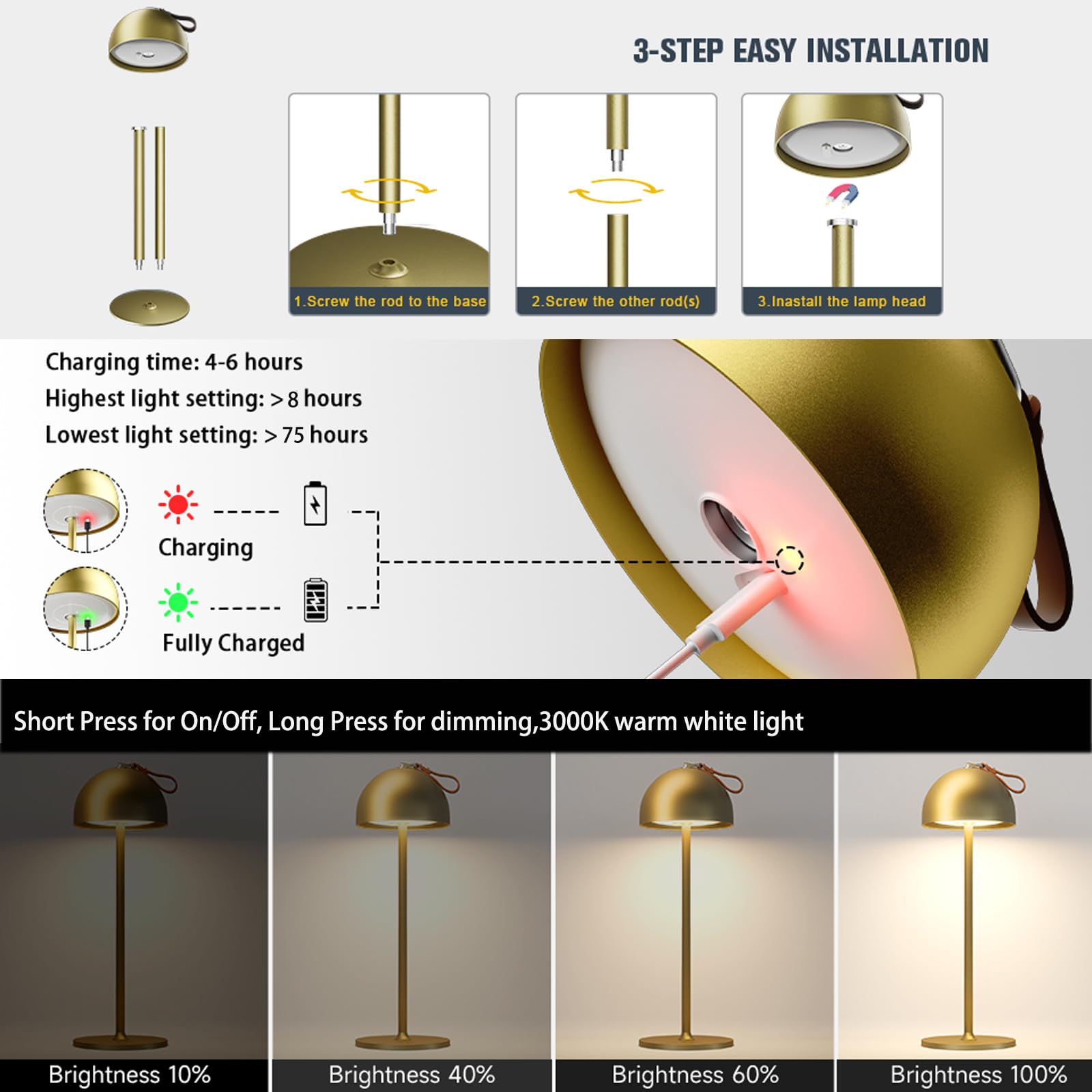 Sevenment Cordless Table Lamp,8-75 Hours Battery Powered Lights,2-Pack Gold Rechargeable Lamp,Waterproof,Magnetic,Stepless Dimming,Adjustable Height, For Outdoor,Camping,Living Room,Dinner,Night Light