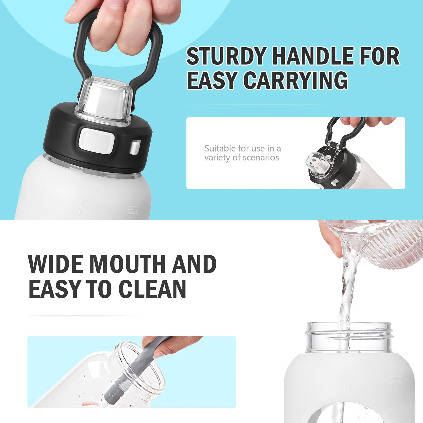Kodrine Water Bottle With Straw And Carry Handle, Glass Water Bottle 24 Oz Leak Proof Locking Lid