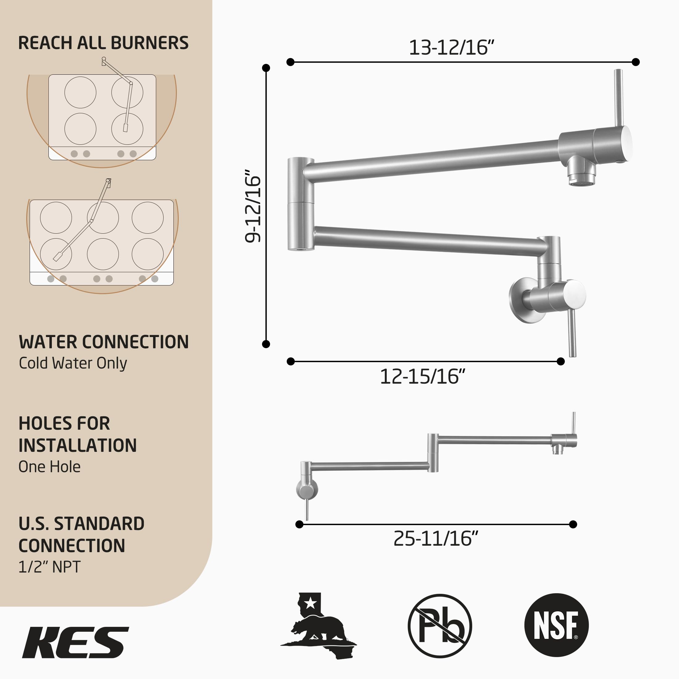Kes Pot Filler Faucet With Heat-Resistant Cartridge, 25.6" Over Stove Pot Filler Brushed Nickel, Kitchen Wall Mount Faucet With 360° Swing Arm, Stainless Steel, Nsf , Kn926S24Lff18-Bs