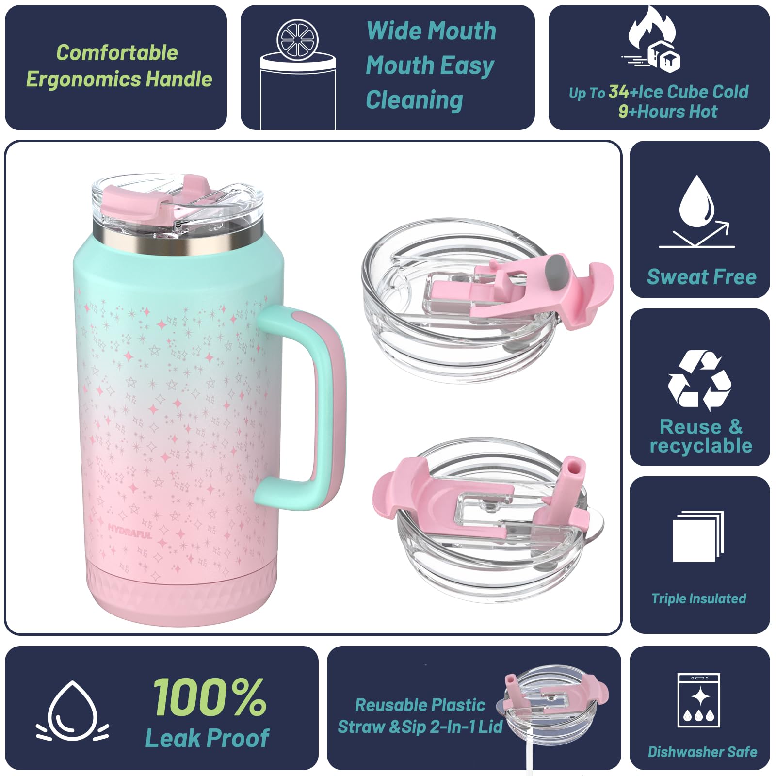 Hydraful 64 Oz Tumbler With Handle And Straw - 100% Leak-Proof - Insulated Cup Reusable Stainless