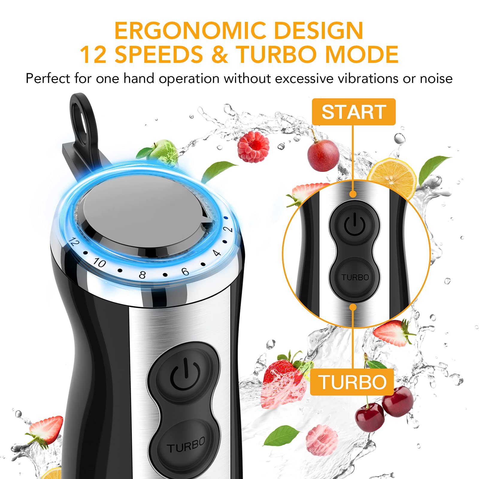 Aconee Immersion Hand Blender, 5-In-1 Hand Blender 800W Powerful Motor, 12 Speed & Turbo Mode Hand Mixer, 20Oz Beaker With Measuring Mark, 17Oz Food Chopper, Stainless Steel Blades, Bpa-, Whisk