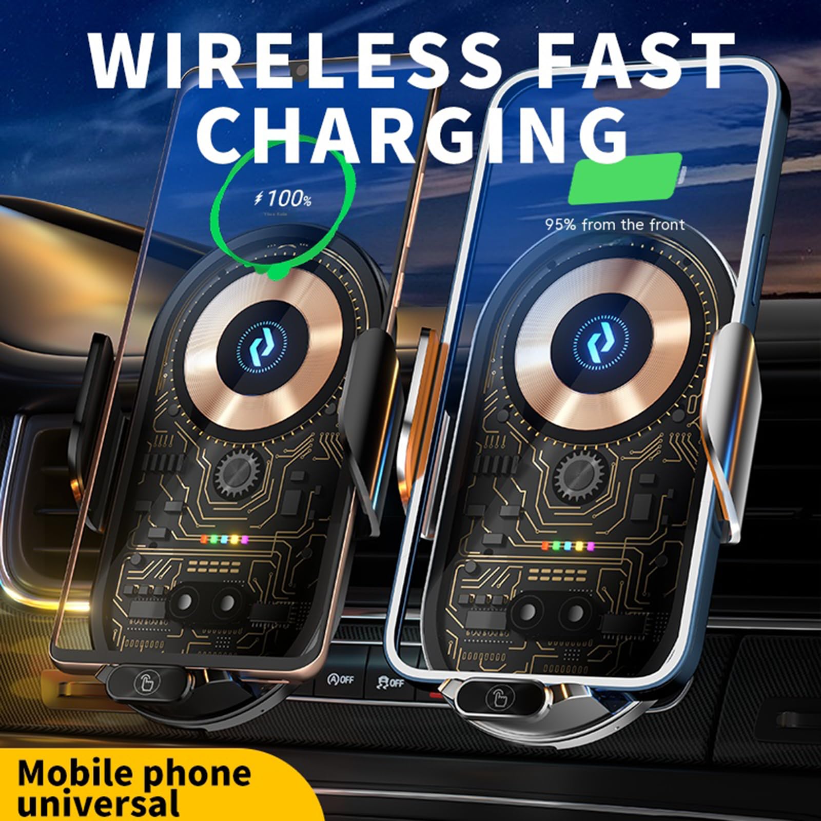 Lfnown Wireless Car Charger Car Phone Holder Mount Wireless Charging Transparent Compatible Charging Air Vent Mount Phone Holder Fit For All Android Smartphone(Gold)
