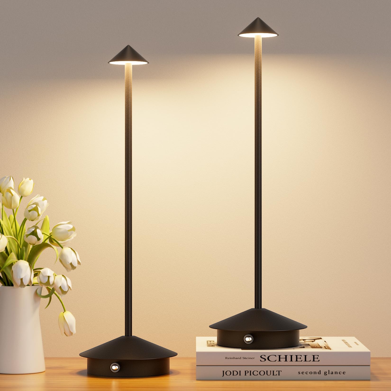 Aoceley 2-Pack 6000Mah Rechargeable Led Table Lamp,Outdoor Cordless Table Light Waterproof Portable,3000K Stepless Dimmable Modern Lamp For Restaurant/Bedroom/Outdoor (Black)