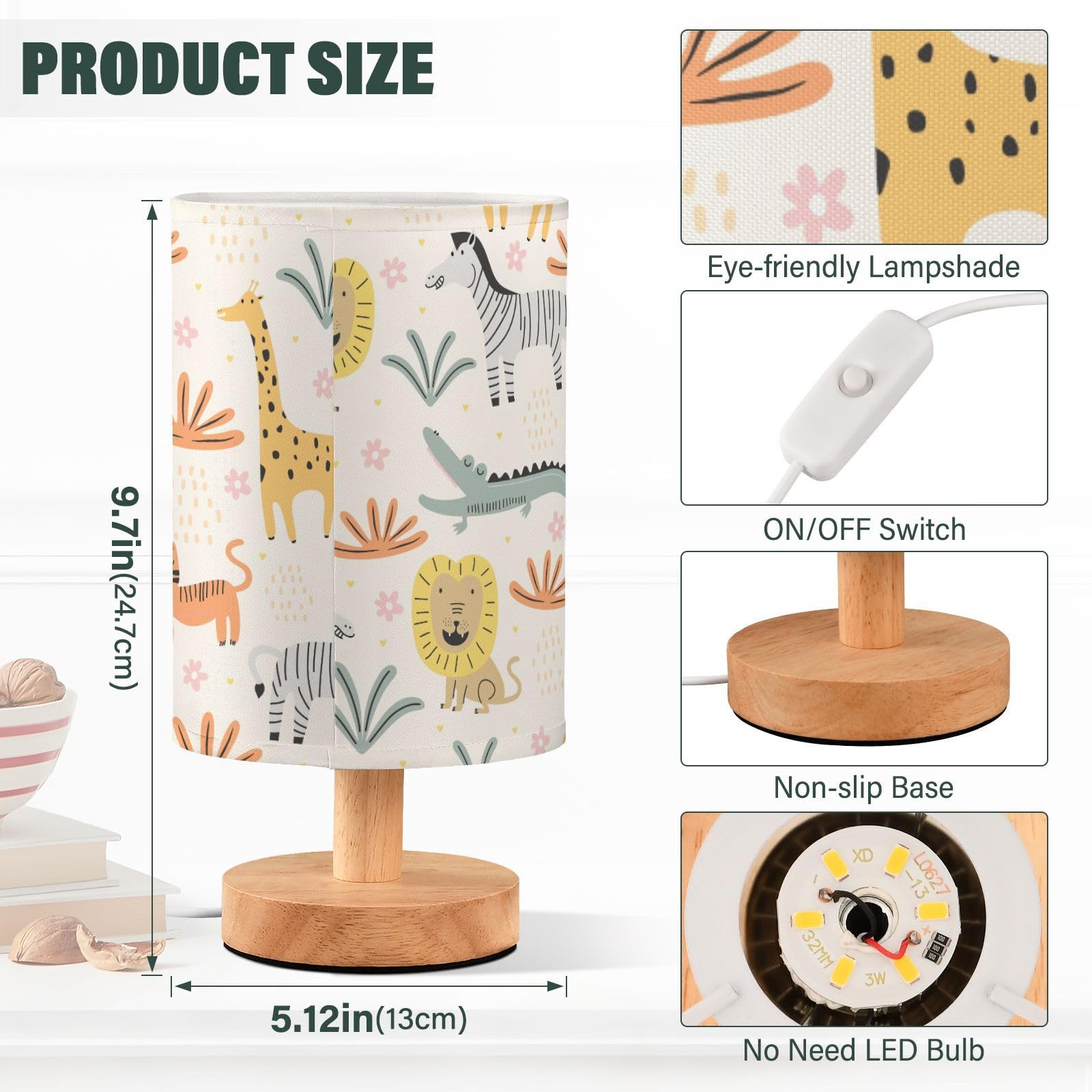 Oarencol Bedside Table Lamp Cute Animals Nightstand Lamp With Wood Funny Lion Zebra Crocodile Cat Giraffe Desk Lamps For Bedroom Living Room Nursery Office Home Decor