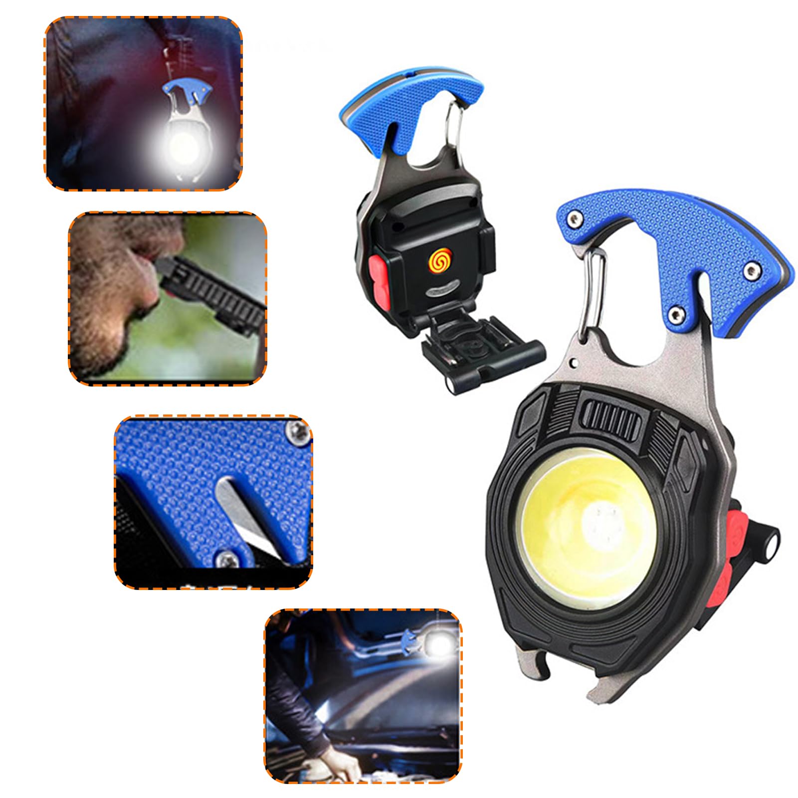 Goioj 2Pcs 6 In 1 Cob Keychain Mini Work Light Flashlight Multifunction Portable Pocket 500 Lumens Flashlight With Electric Lighter, Seat Belt Cutter, Screwdriver, Whistle (Orange)