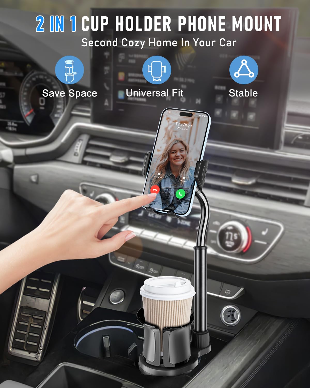 Uncaddn Cup Phone Mount For Car, 2 In 1 Universal Cup Phone Holder For Car, Stretchable Long Neck Car Phone Mount, Hands  360° Rotation Compatible With All Smartphones