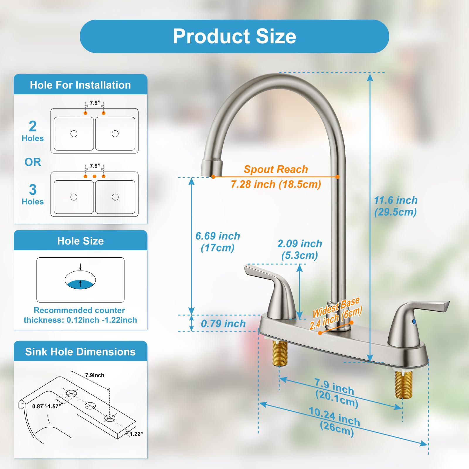 Cinwiny 8 Inch Kitchen Faucets Deck Mounted 2 Handle 3 Hole Rv Kitchen Sink Faucet High-Arc 360 Degree Swivel Spout With Supply Lines, Brushed Nickel
