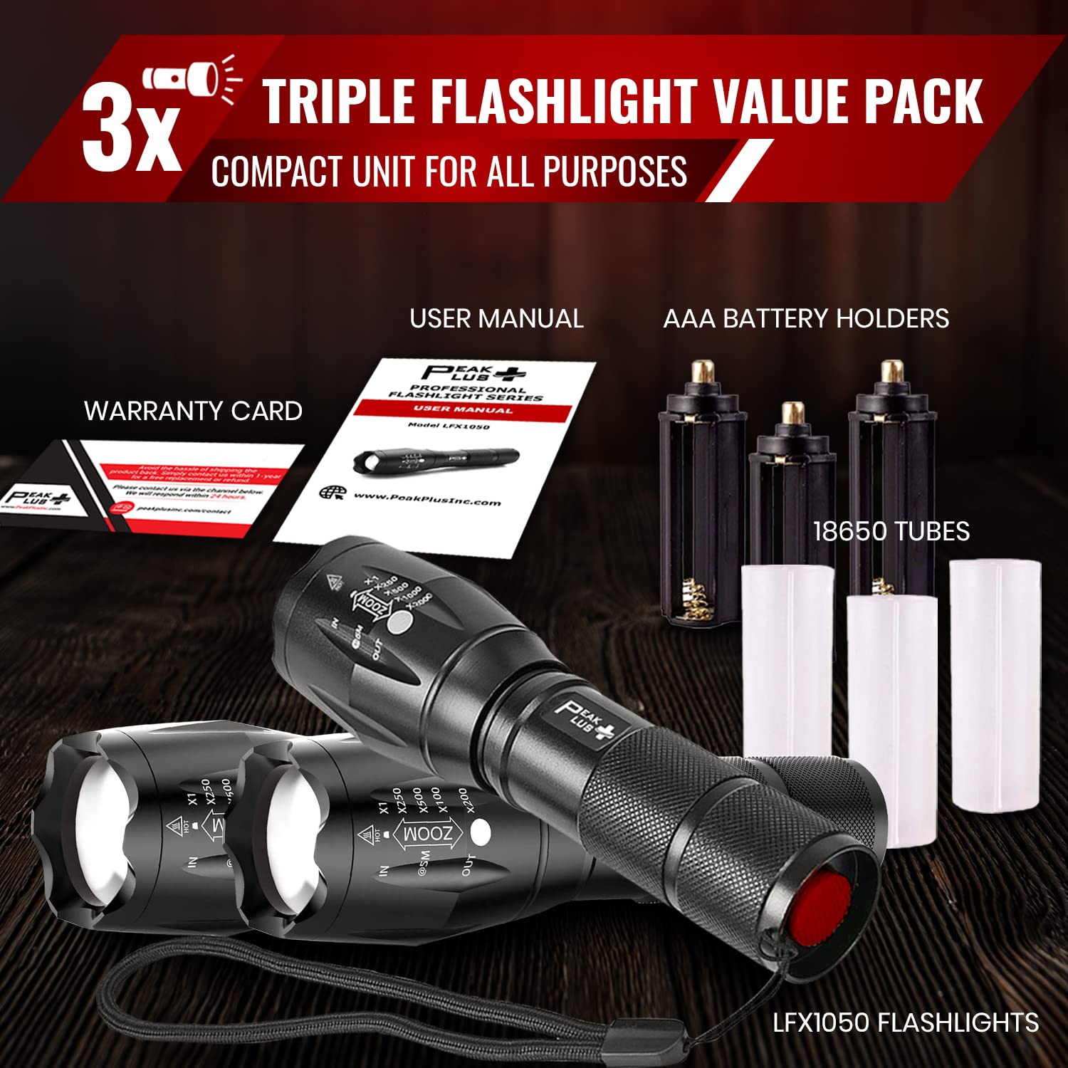 Peakplus Led Tactical Flashlights High Lumens, Zoomable, 5 Modes Bright Led Flashlights For Emergencies, Camping, Outdoor Led Flash Lights Battery Powered, Handheld Flashlights (3 Pack) Lfx1050