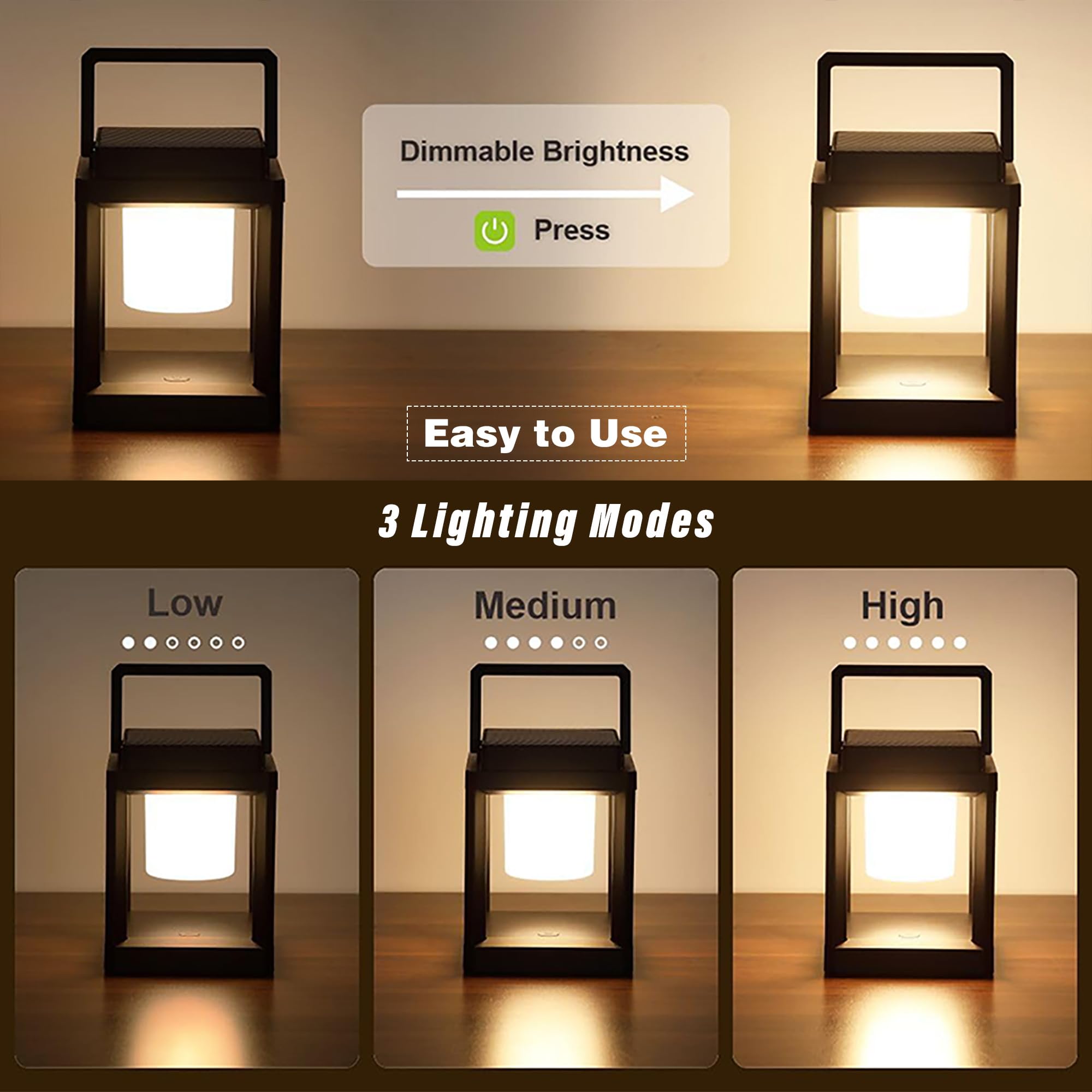 Wiswhy Solar Lantern Outdoor Table Lamp, 3-Level Brightness Led Nightstand, 4800Mah Rechargeable Portable Camping Lantern Waterproof, Touch Control Night Light For Patio/Bedroom/Reading/Walking