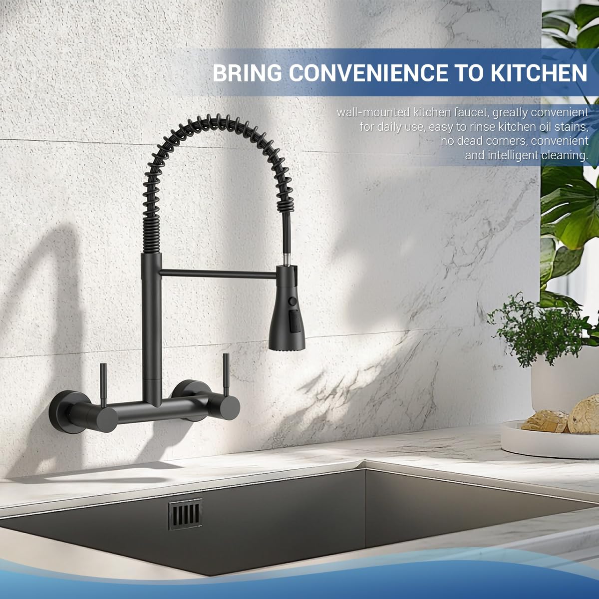 Yuhuby Wall Mount Kitchen Faucet With Pull Down Sprayer 3 Functions, 304 Stainless Steel Wall Mount Faucet 8 Inch Center, 2 Handle Kitchen Sink Faucet High Arc 360° Swivel, Matte Black