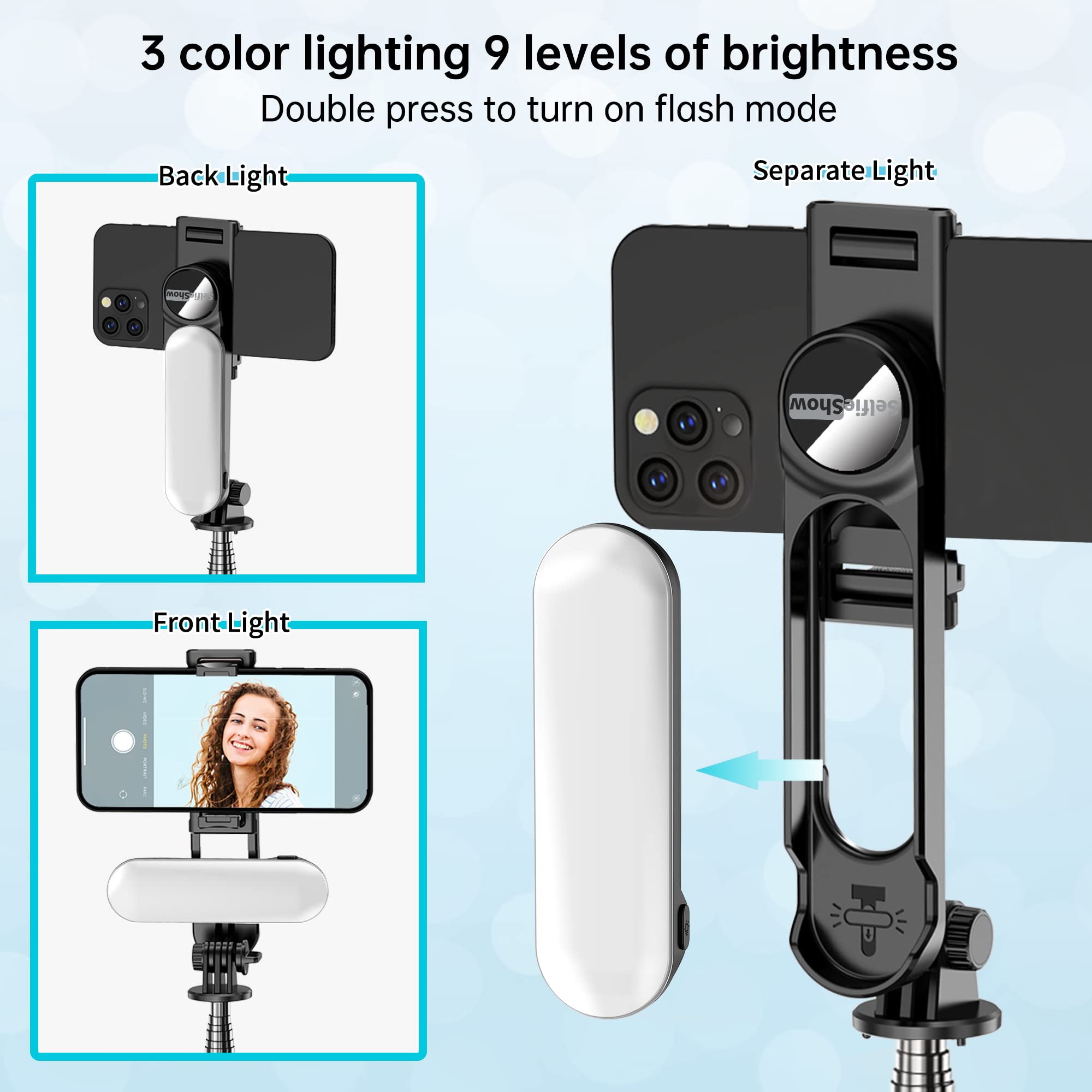 Selfieshow Stable Selfie Stick Tripod With Fill Light, 44 Inch Extendable Selfie Stick With Wireless Remote And Tripod Stand 360 Rotation For Iphone 15/14/13/12/11 Pro/Xs Max/Xs/Xr/X/8/7, Samsung And Smartphone