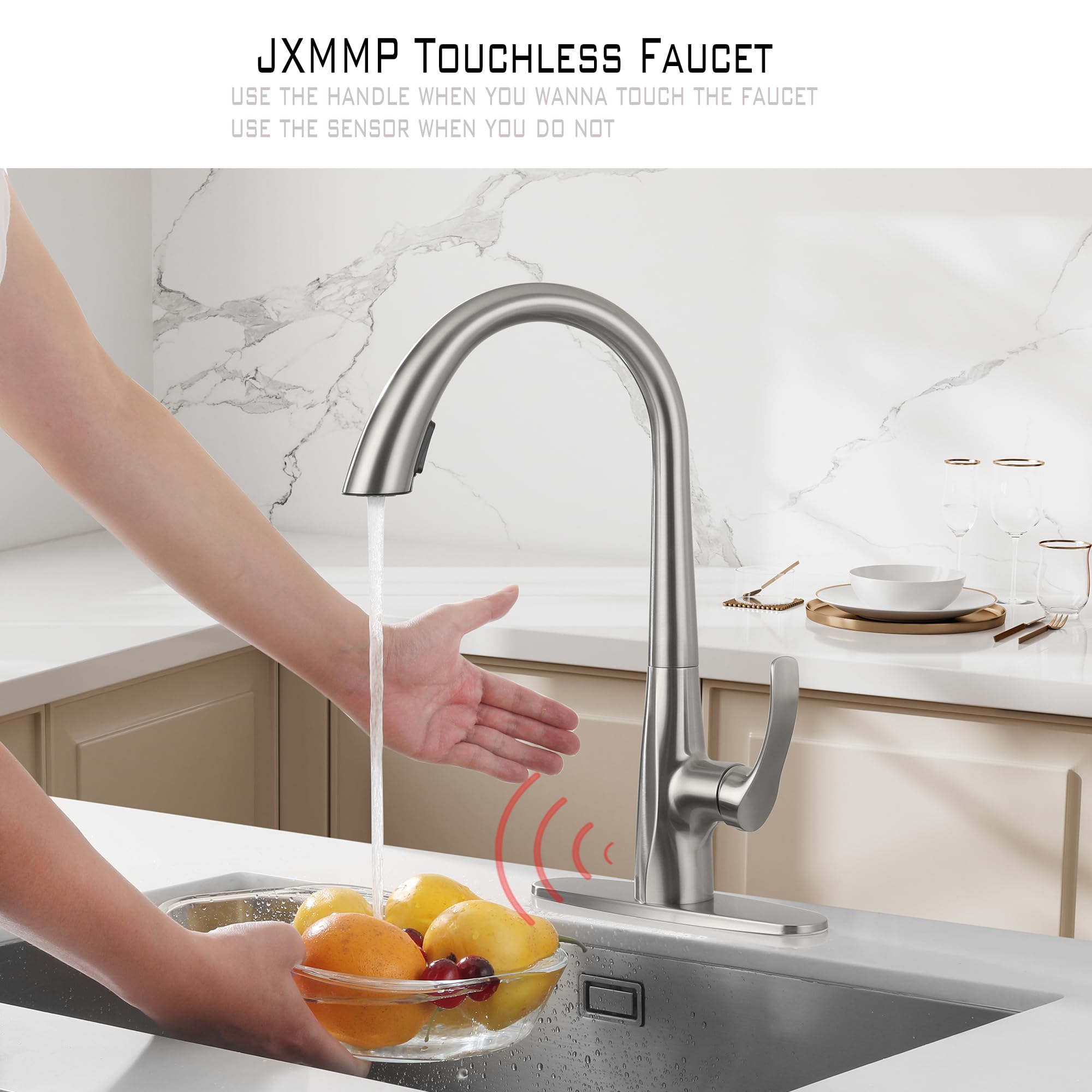 Jxmmp Touchless Pull Down Kitchen Sink Faucet, Brushed Nickel Activated Smart Motion Sensor Kitchen Faucet Single Handle, Stainless Steel Hands  Faucet With Sprayer For Kitchen Sink