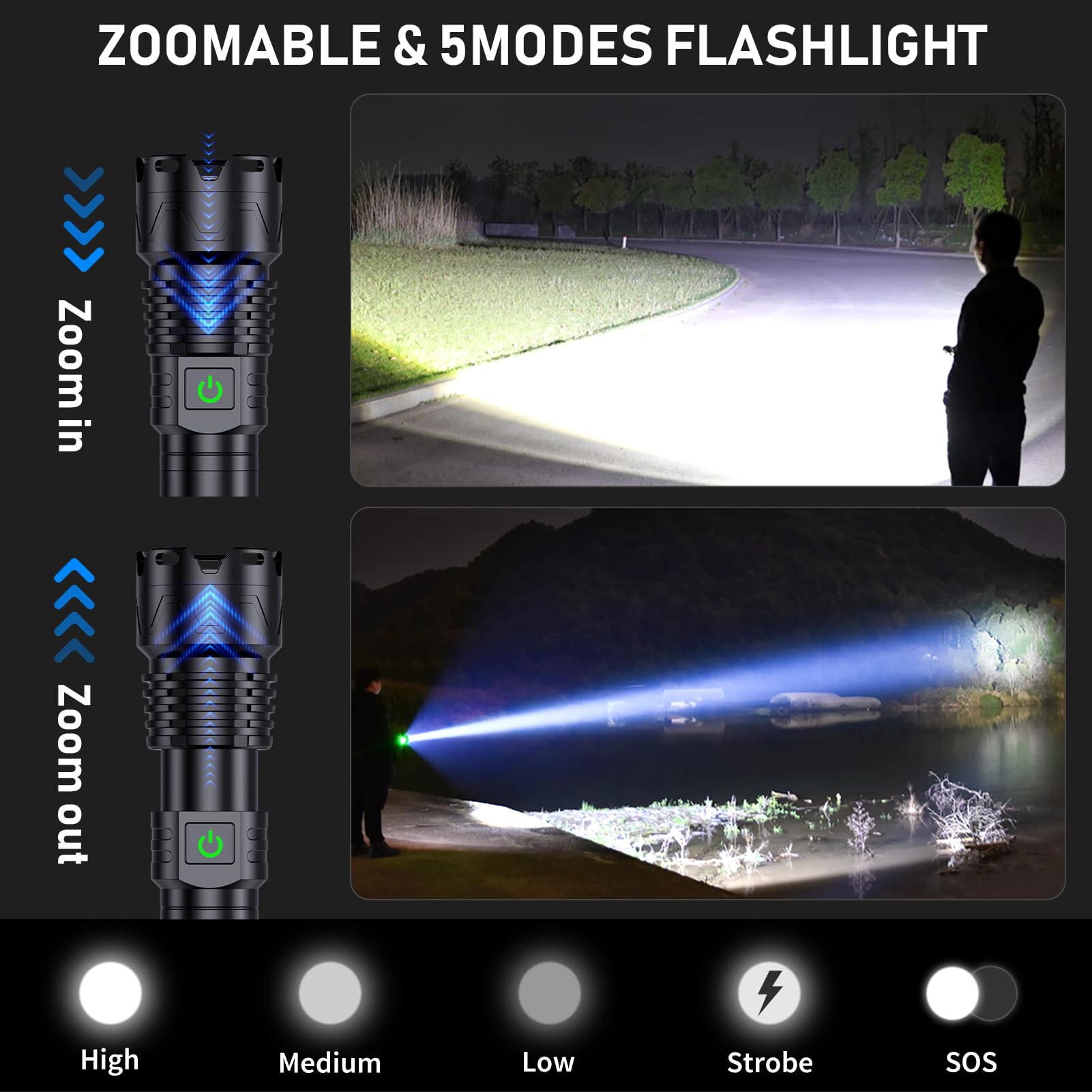 Alifa Flashlights High Lumens Rechargeable, 990000 Lumens Super Bright Flashlight, 5 Modes Led Powerful Flashlight, Ip65Waterproof, Versatile Utility Flashlight For Emergencies, Hiking, Camping