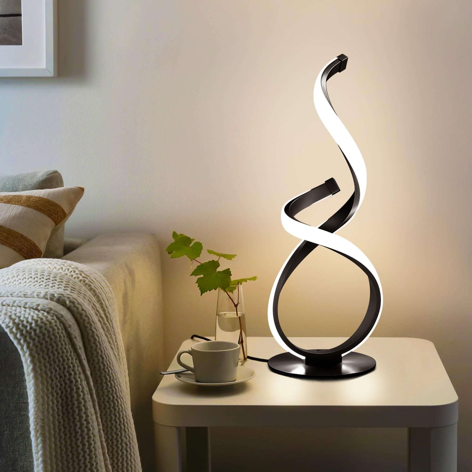 Jioodich. Modern Spiral Led Table Lamp, Touch Dimmable Desk Lamp, 3 Color Temperature, Black