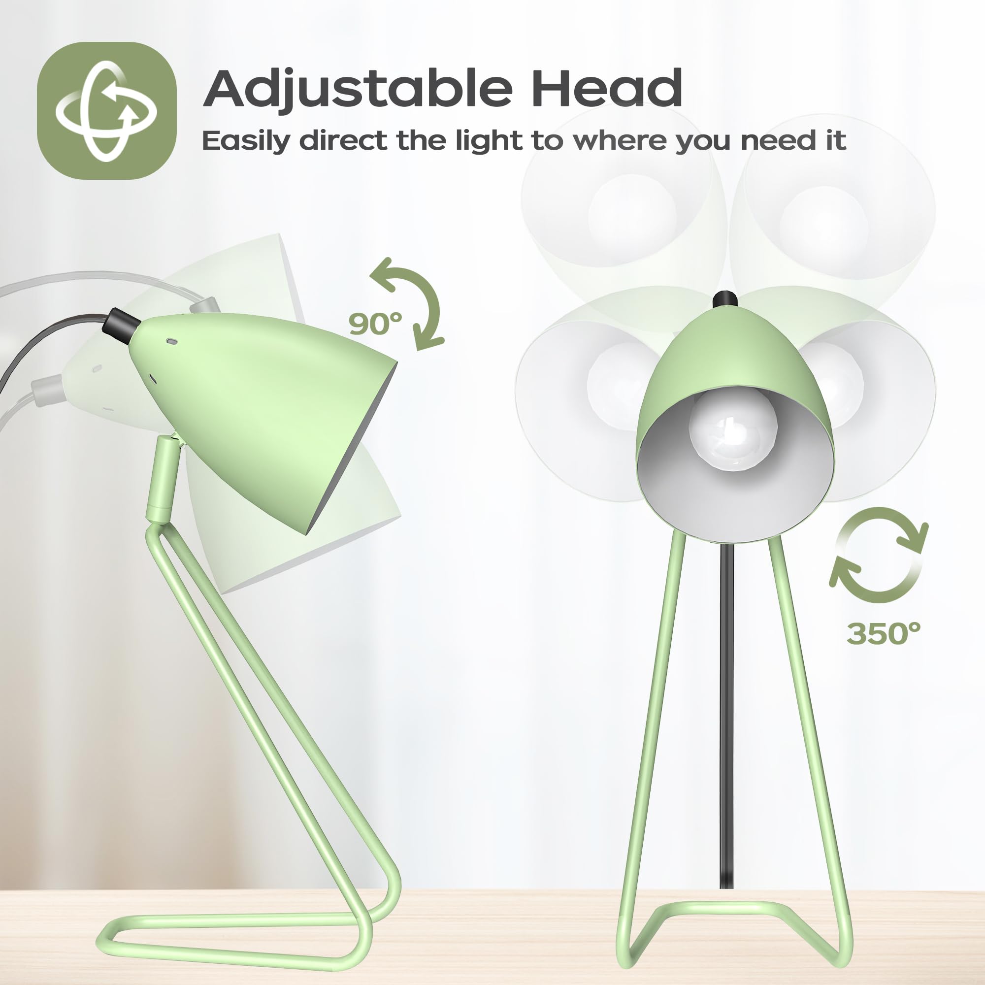 Partphoner Table Lamp Set Of 2, 350°Rotatable Small Desk Lamp, Modern Green Reading Bedside Lamps, Suitable For Study, Bedroom, Office, Dorm, Children'S Room, 2 Bulbs Included