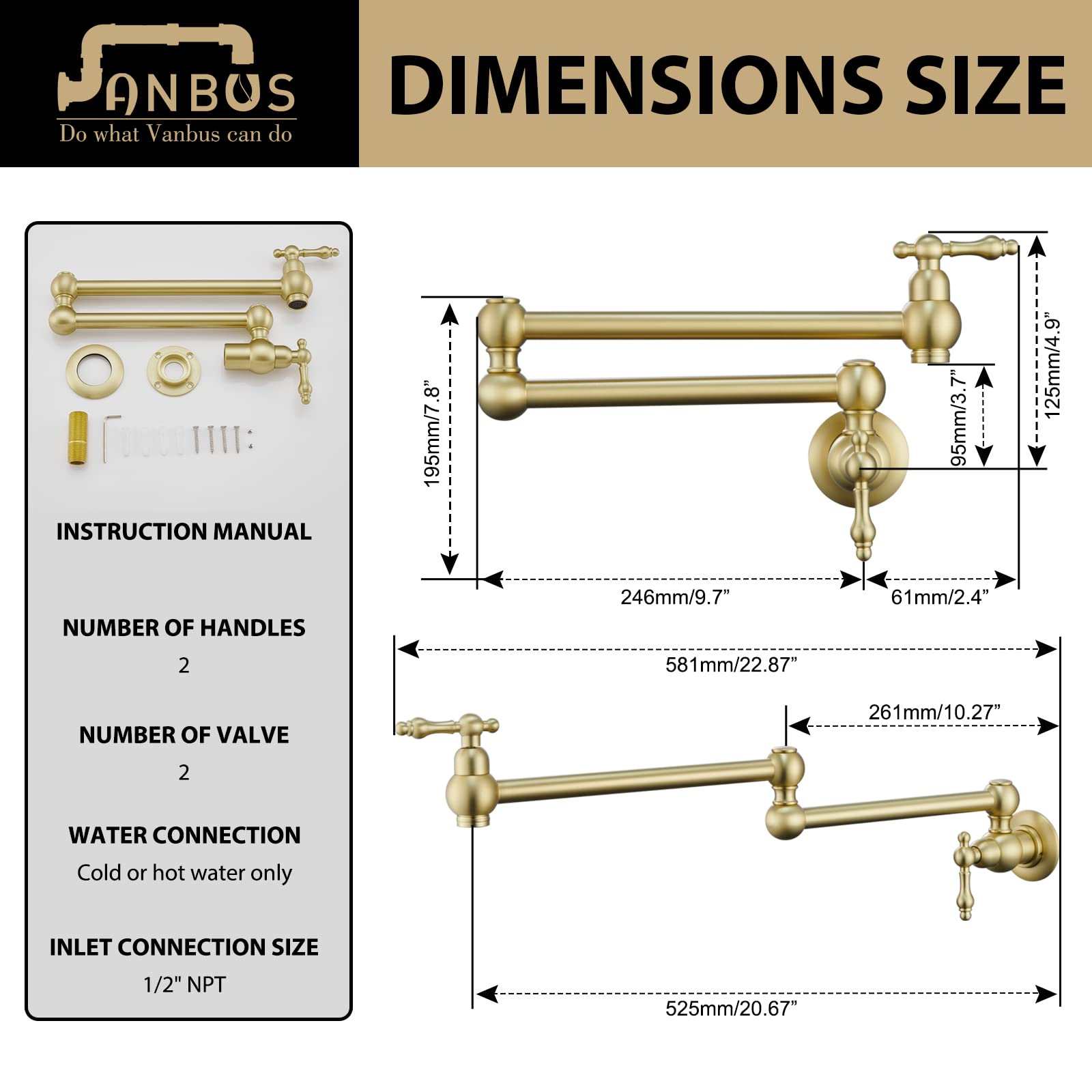 Vanbus Kitchen Pot Filler Faucet, Dual Valve Wall Mount Pot Filler Faucet, Potfiller, Two Handles Strechable Double Joint Swing Arms (Vintage, Brushed Gold)