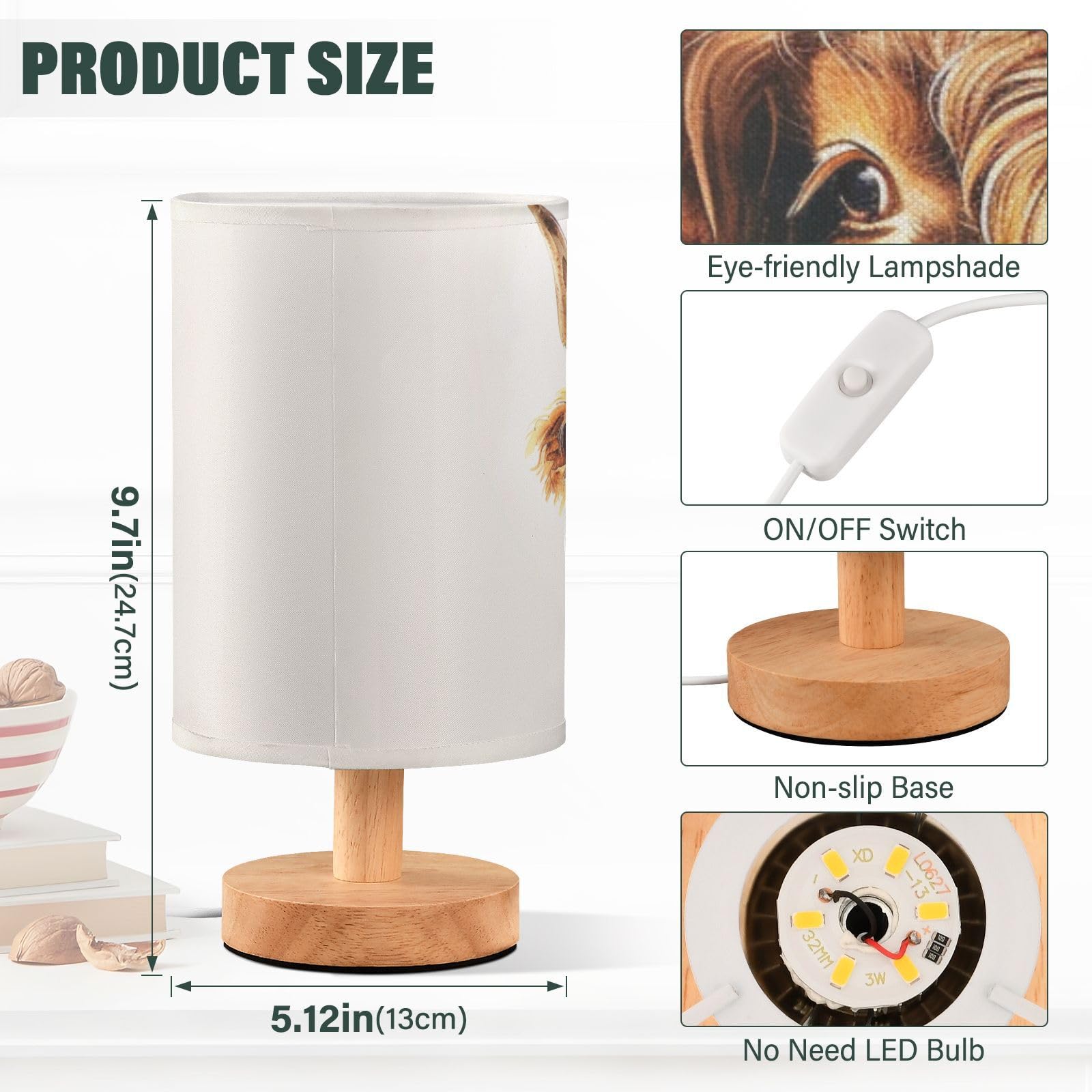 Oarencol Bedside Table Lamp Cute Highland Cow Flowers Nightstand Lamp With Wood Desk Lamps For Bedroom Living Room Nursery Office Home Decor