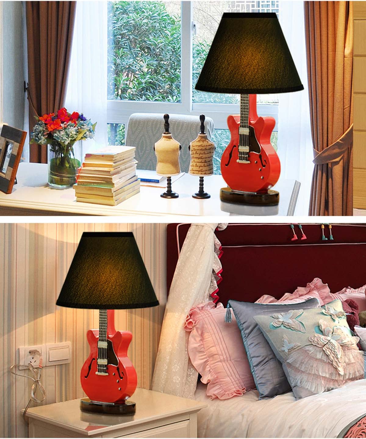 Inletter Modern Creative Cartoon Desk Lamp Red Guitar Lamp Bedroom Bedside Table Lamp Night Light Dimming Warm And Lovely Children ,Red