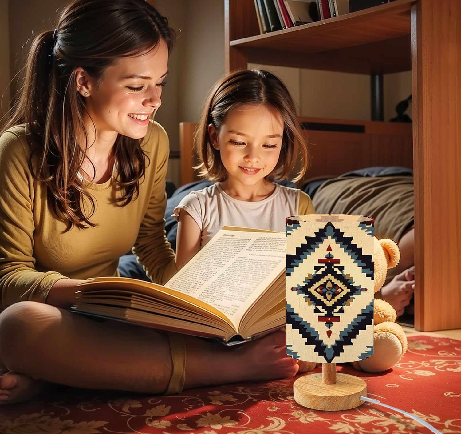 Bvcahsaw Bedside Table Lamp Seamless Navajo Aztec Mexican Native Tribal Fabric Pattern Geomatics Dimmable Desk Lamp With Flaxen Fabric Shade Wood Base Nightstand Lamp Small Lamp For Bedroom Living Room Home