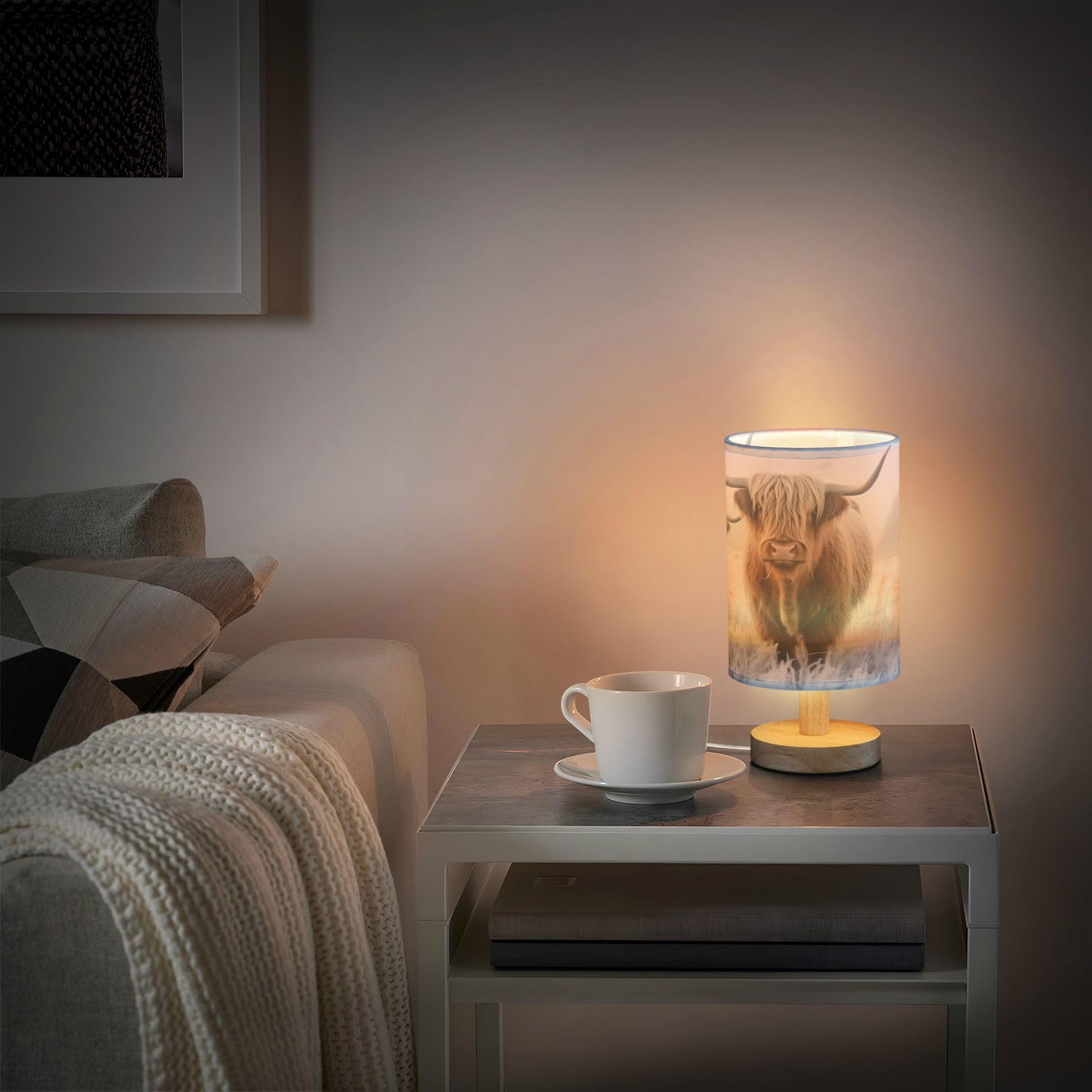 Keepreal Cool Highland Cow Bedside Table Lamp - Usb Small Nightstand Lamp, Wood Base Led Desk Light For Bedroom,Living Room, Office Desk
