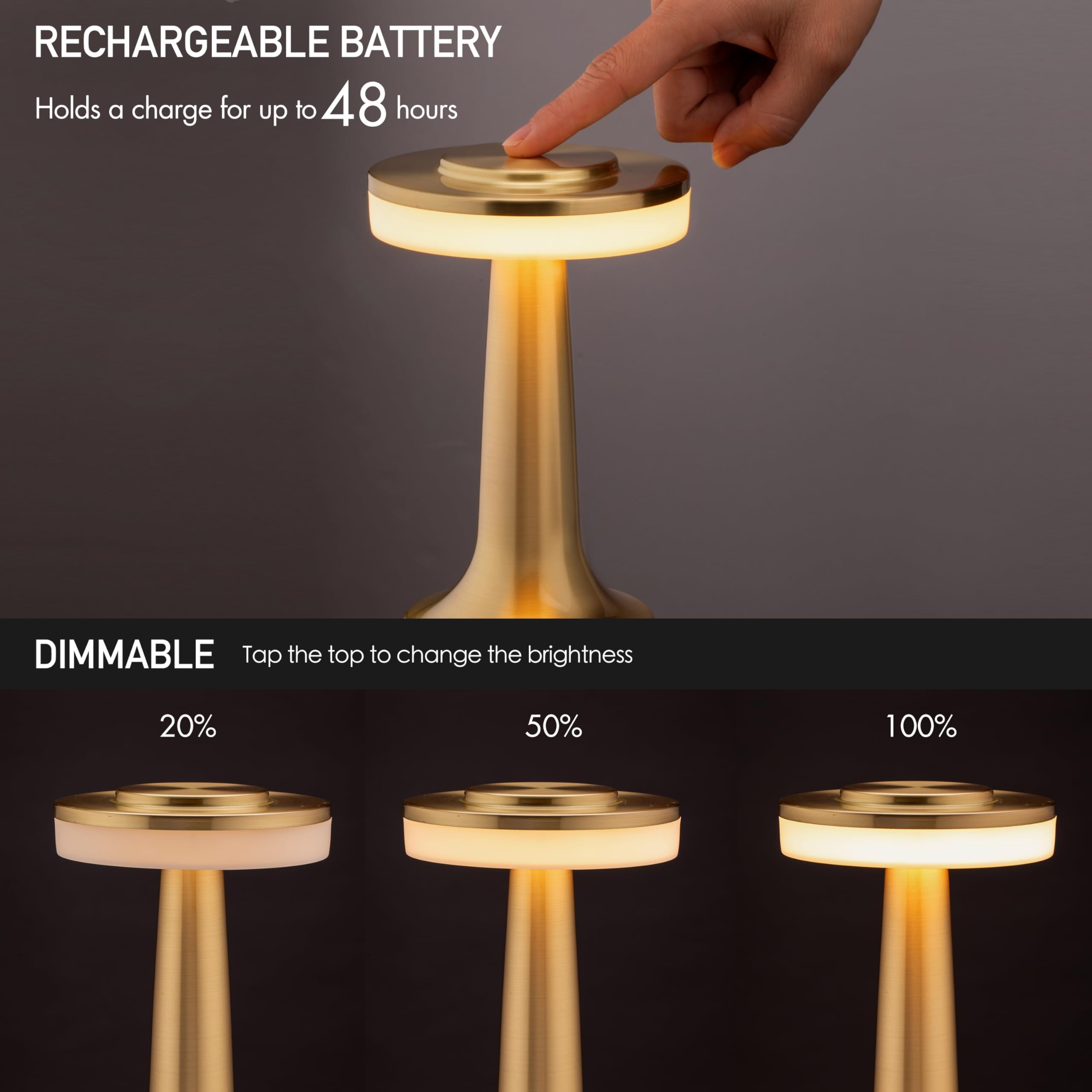 O'Bright O’Bright Portable Led Table Lamp With Touch Sensor, 3-Levels Brightness, Rechargeable Battery Up To 48 Hours Usage, Night Light For Kids Nursery, Nightstand Lamp, Bedside Lamp (Gold)
