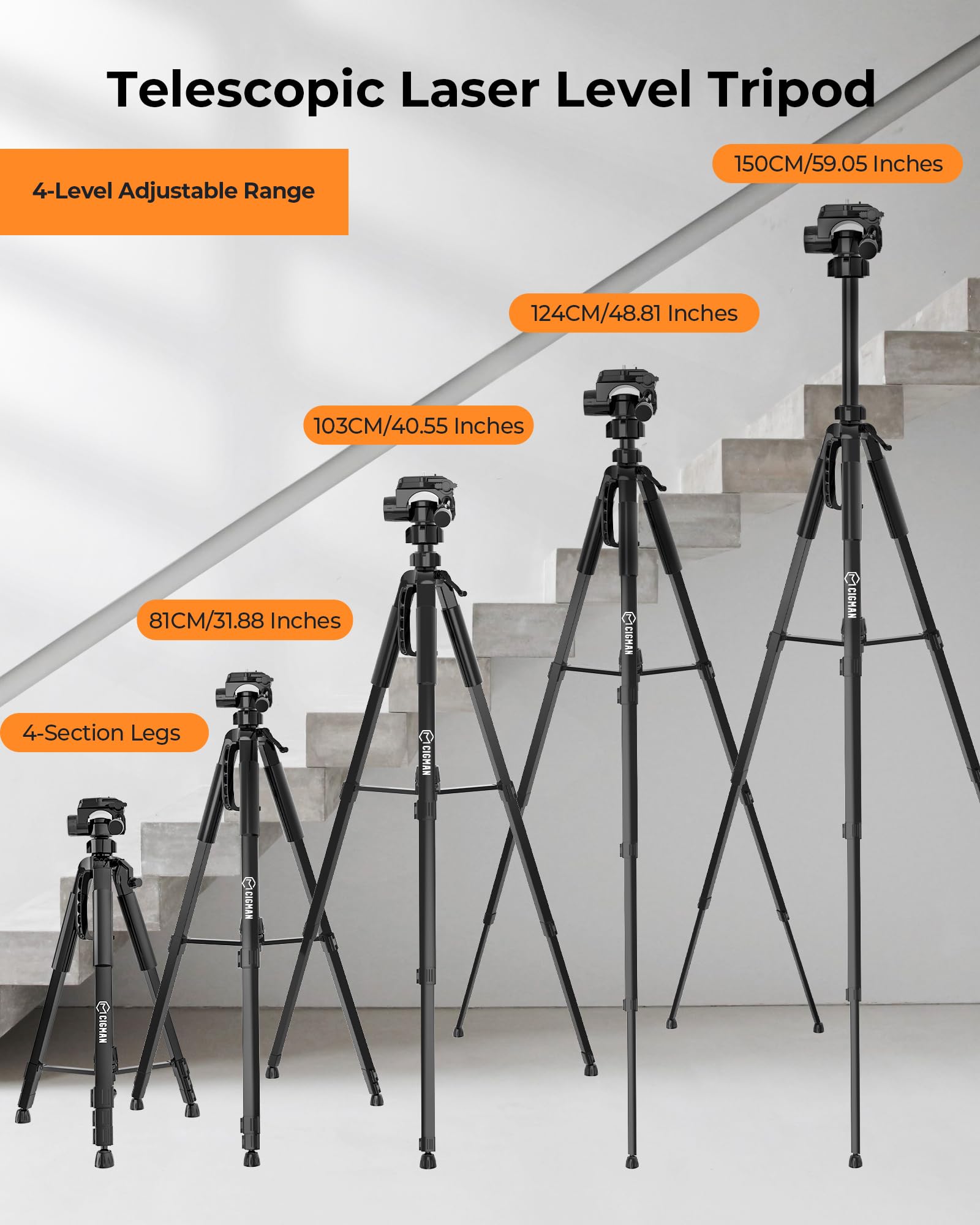Cigman 59-Inch Lightweight Adjustable Laser Level Tripod With 3-Way Swivel Pan Head, Bubble Level, Phone Holder, Quick Release Plate With 1/4" Screw Mount & 5/8" Unf Adapter Nut, Camera & Phone Tripod