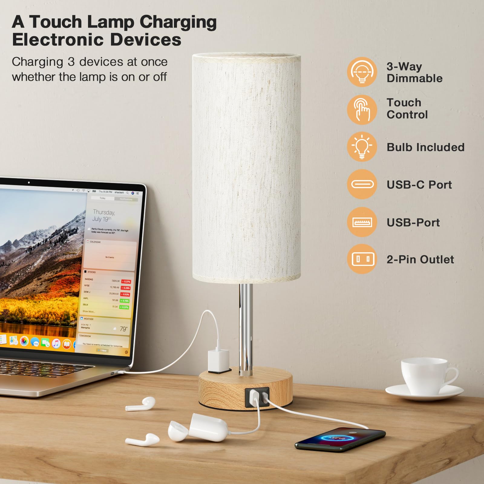 Fenmzee Bedside Table Lamp For Bedroom - 3 Way Dimmable Touch Lamp Usb C Charging Ports And Ac Outlet, Small Lamp Wood Base Round Flaxen Fabric Shade For Living Room, Desk, Led Bulb Included