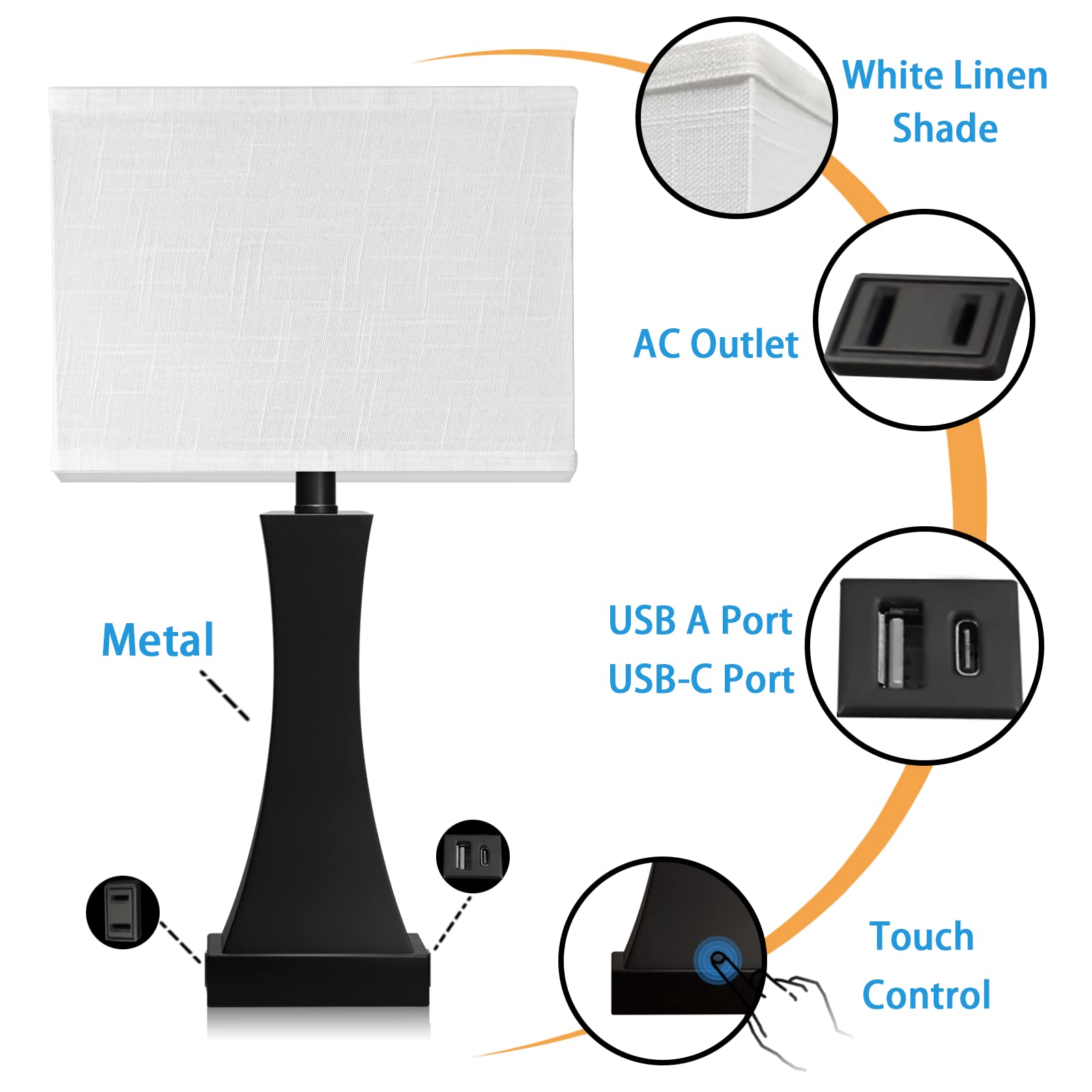 Oyedis Table Lamp For Bedroom 3-Way Dimmable Touch Control Bedside Lamp With Usb A+C Port & Ac Outlet 21.6" Tall Nightstand Lamp For Living Room Office And Hotel Bulb Included