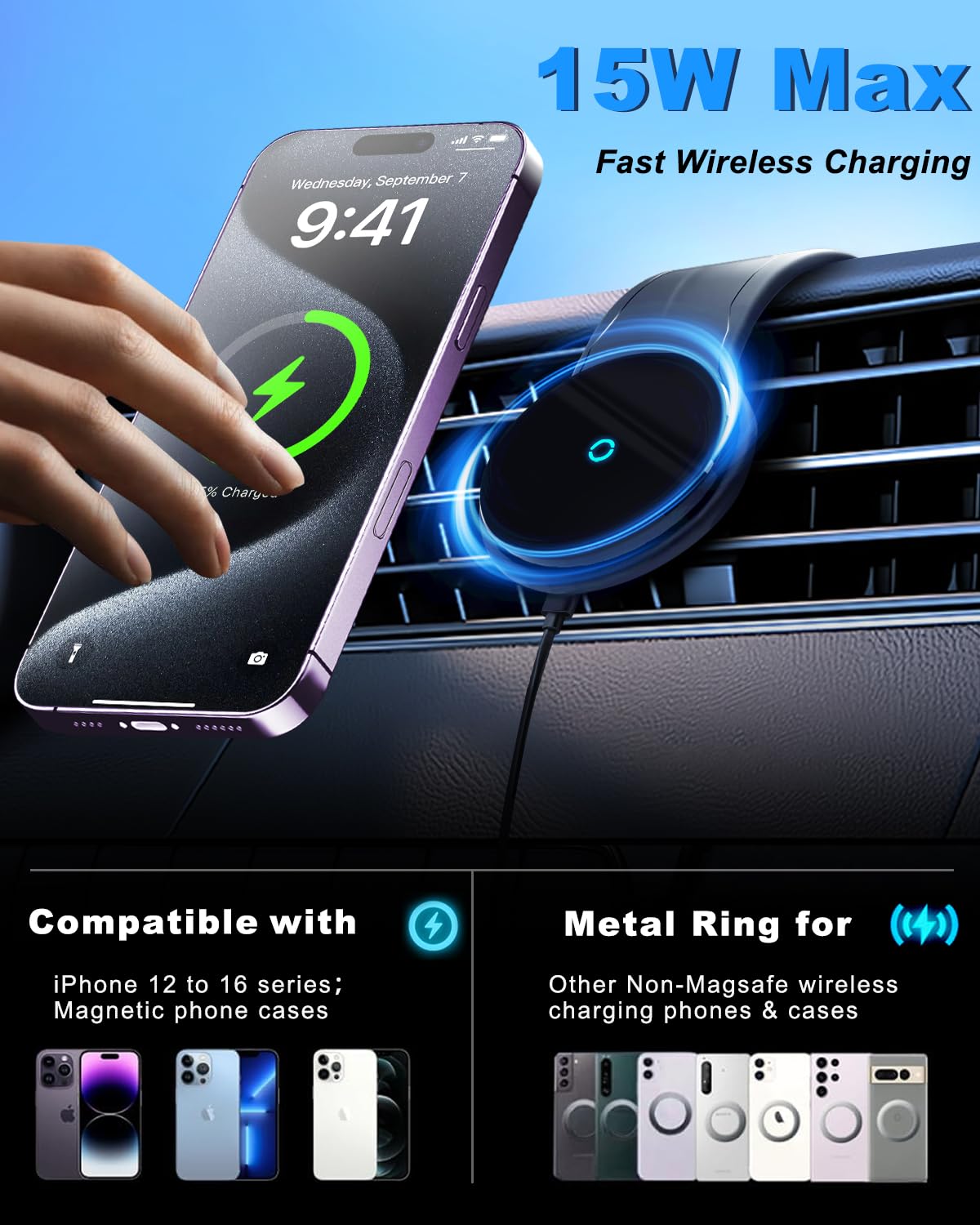 Ankeway 15W Wireless Car Mount Charger [ ], Magnetic Fast Charging Car Holder Charger Compatible With Iphone 16 15 14 13 12 Series & Magsafe Case, Relocatable Car Phone Holder